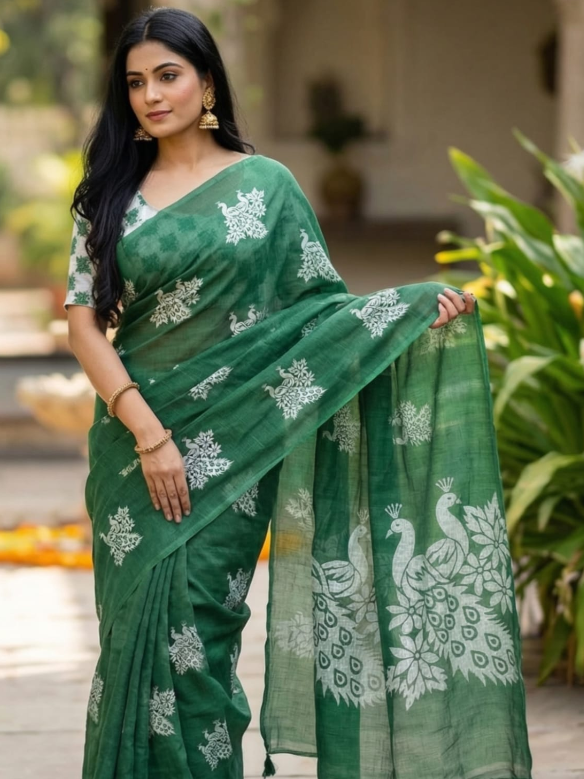 Dark Green Elegant Saree with Peacock Print