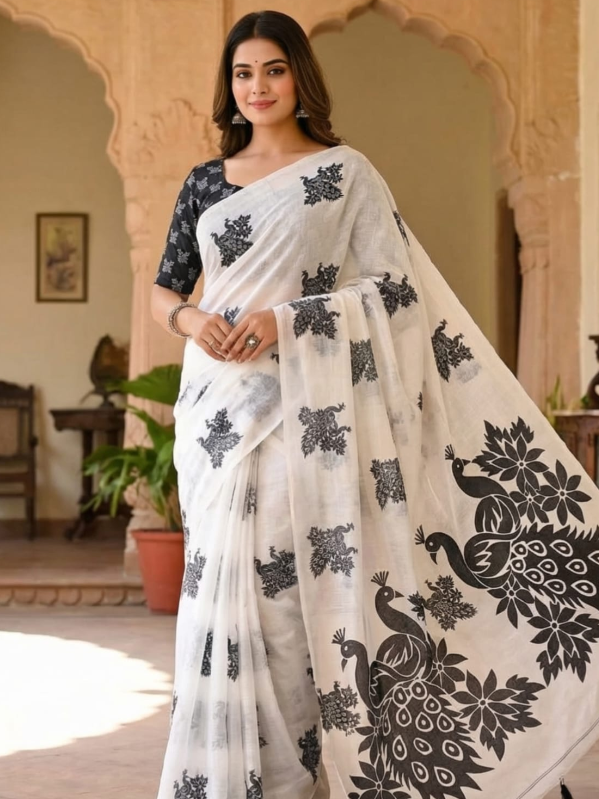 White Saree with Black Peacock Print