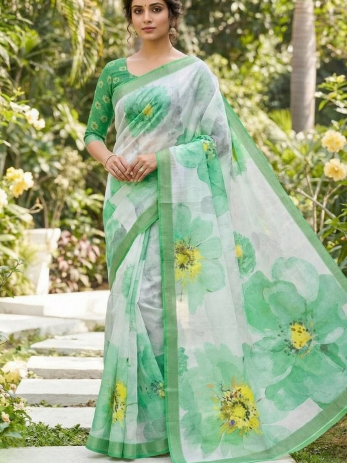 Mint Green Floral Organza Saree with Elegant Printed Design & Blouse