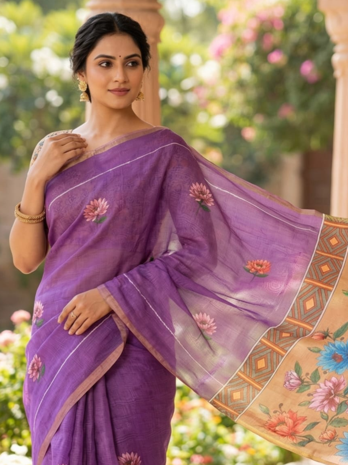 Purple Linen Saree with Black Floral Print
