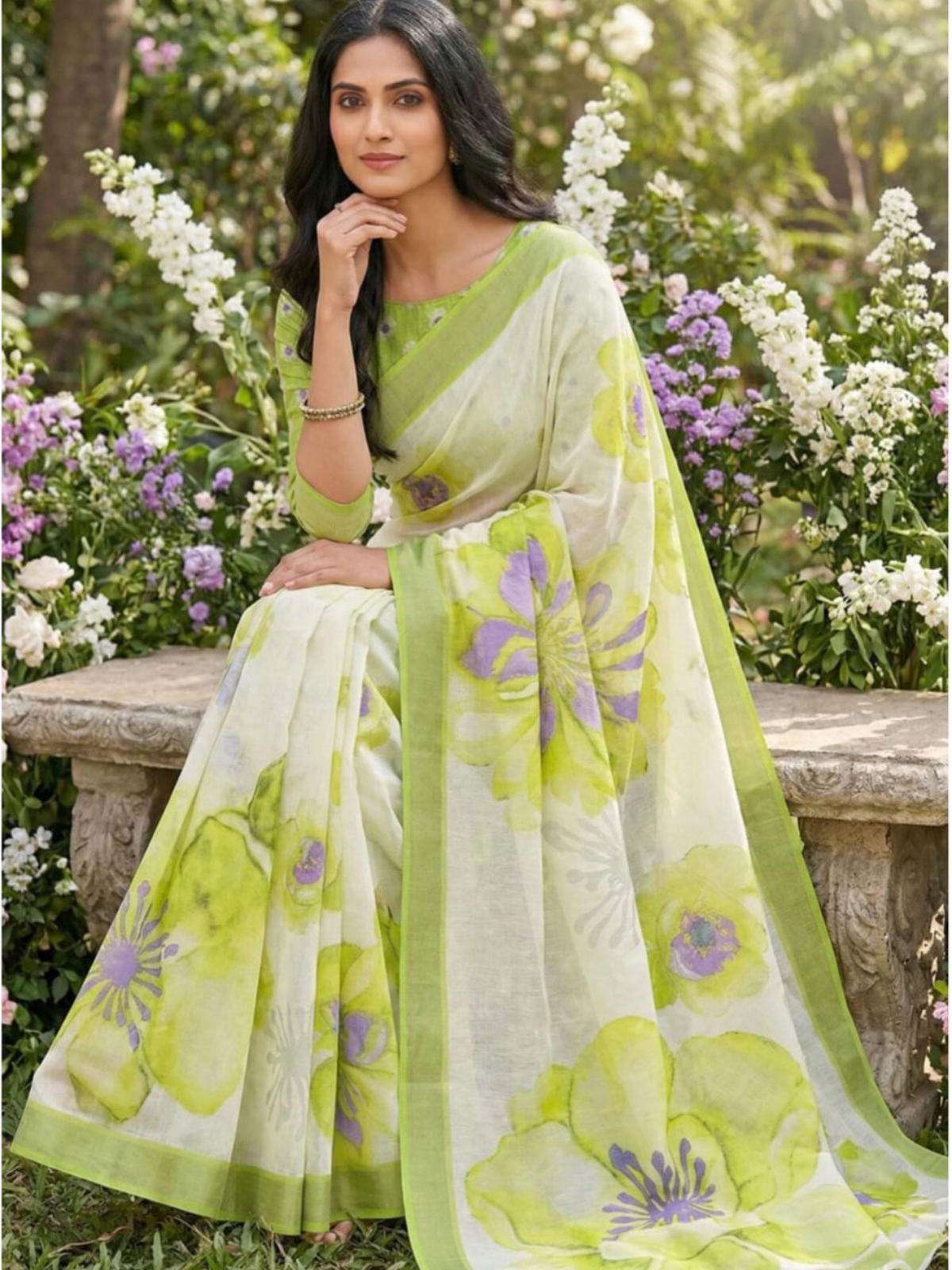 Stylish Green Floral Organza Saree with Blouse