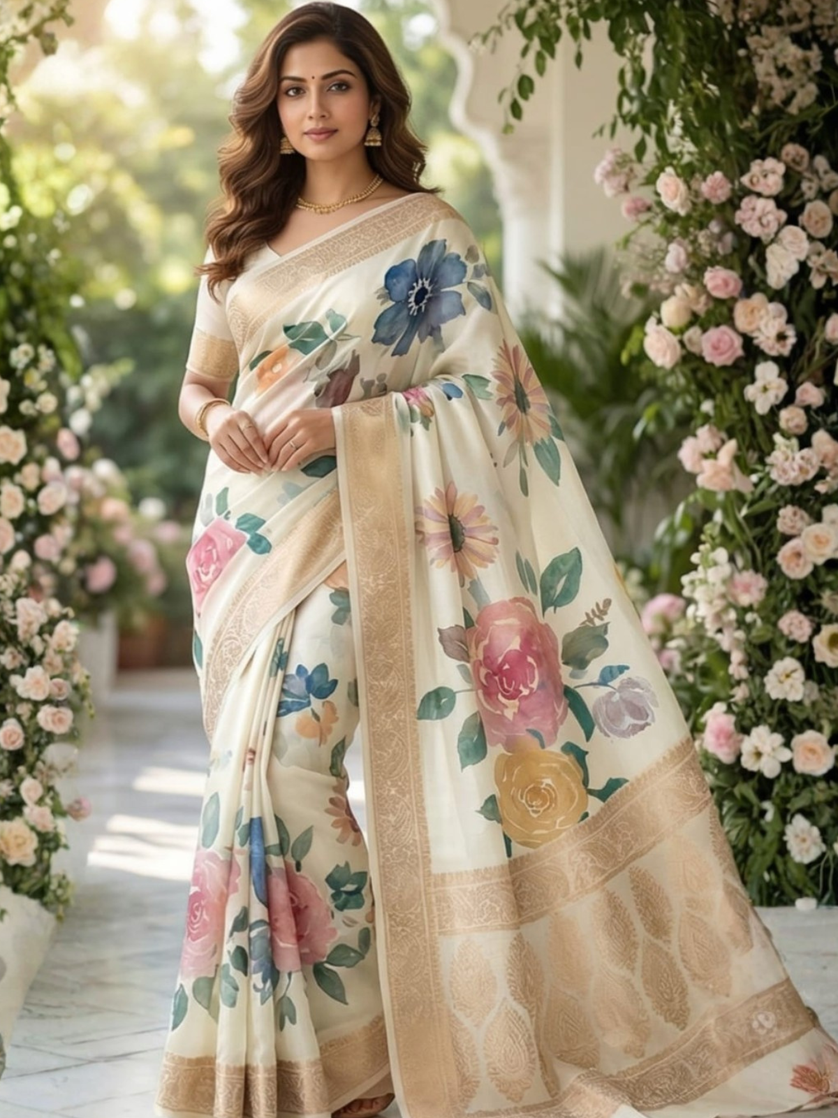 Vintage Style Cream Floral Saree with Golden Border