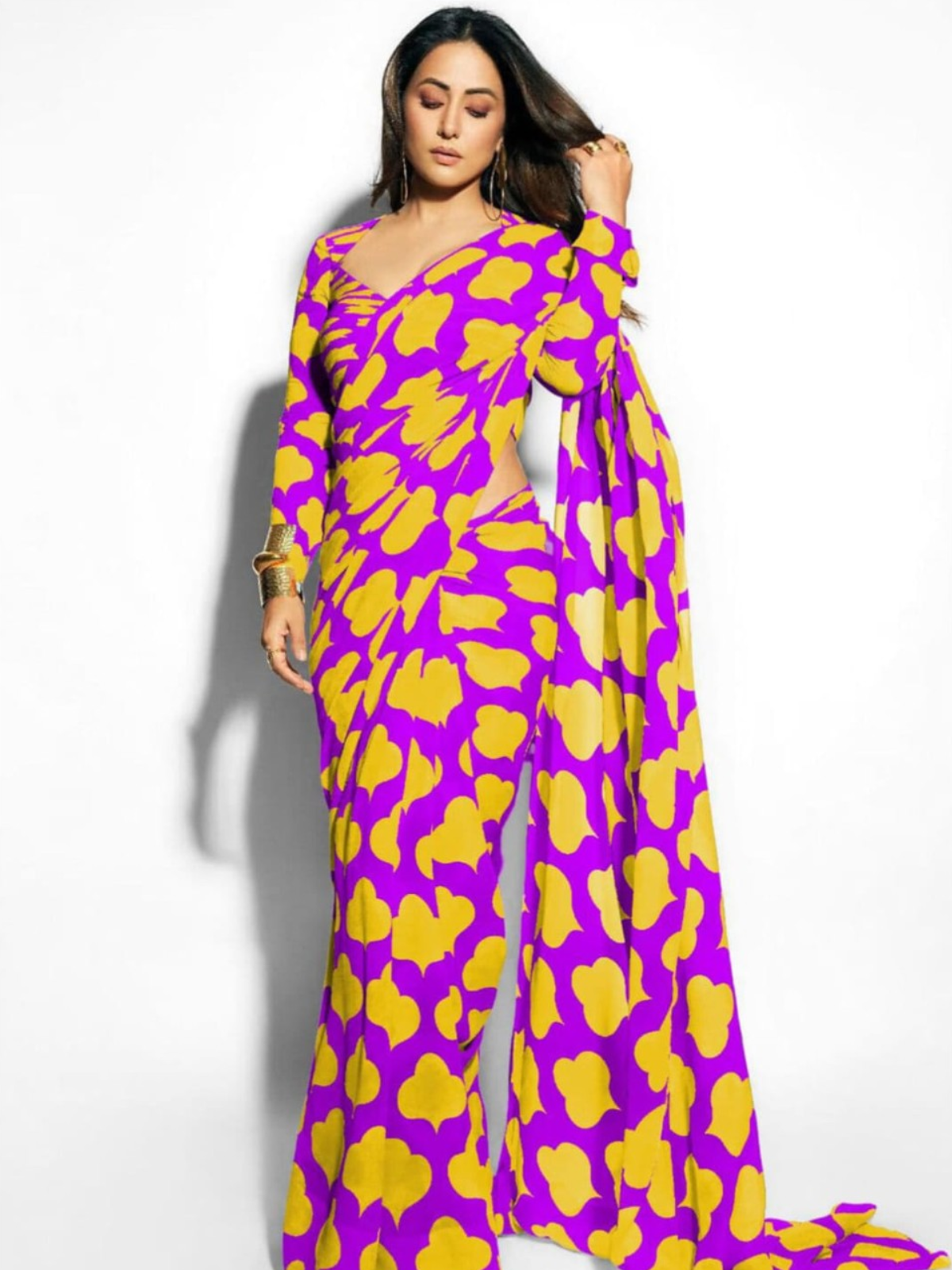 Vibrant Purple & Yellow Printed Saree