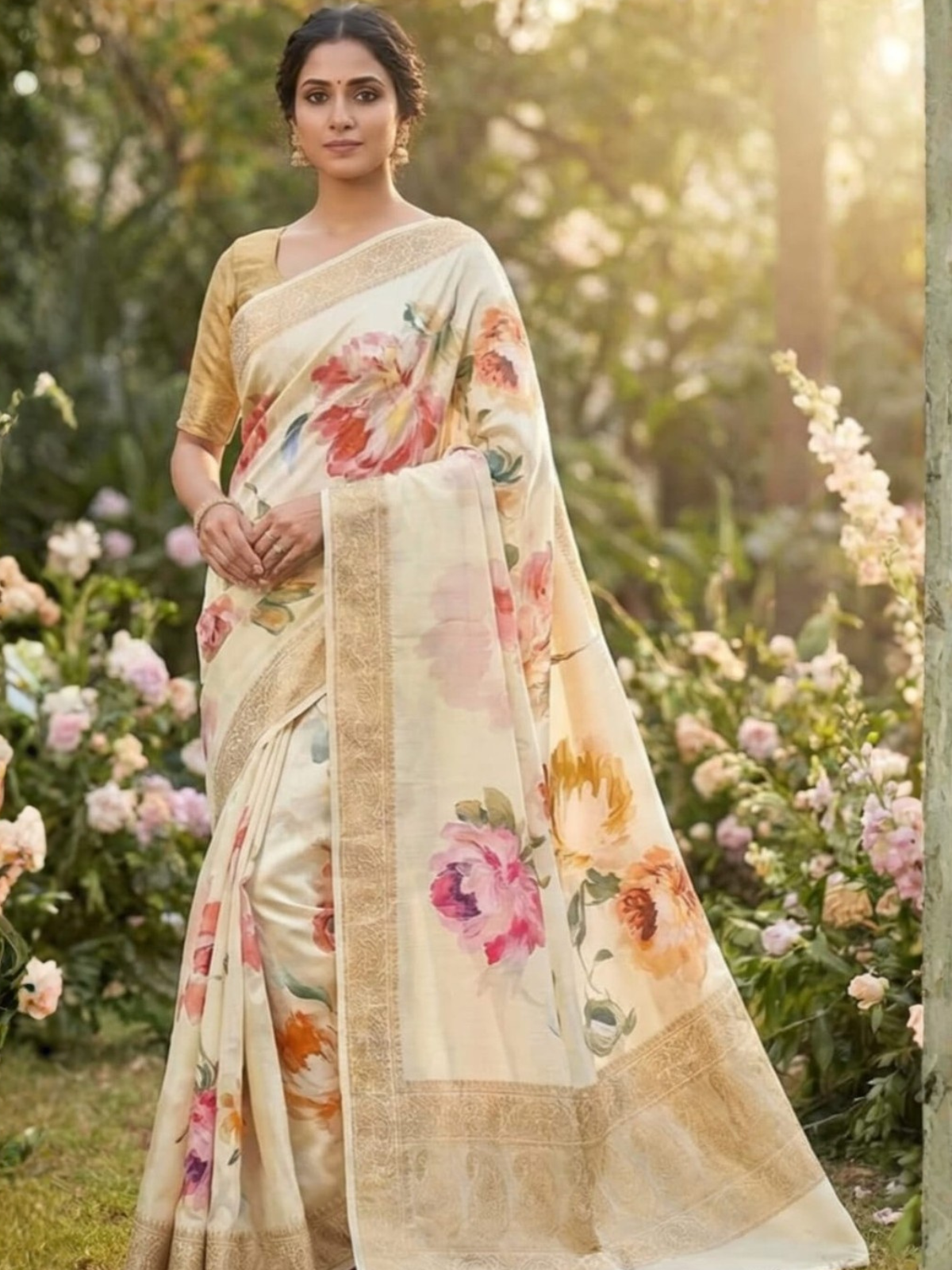 Pastel Floral Cream Saree with Golden Border