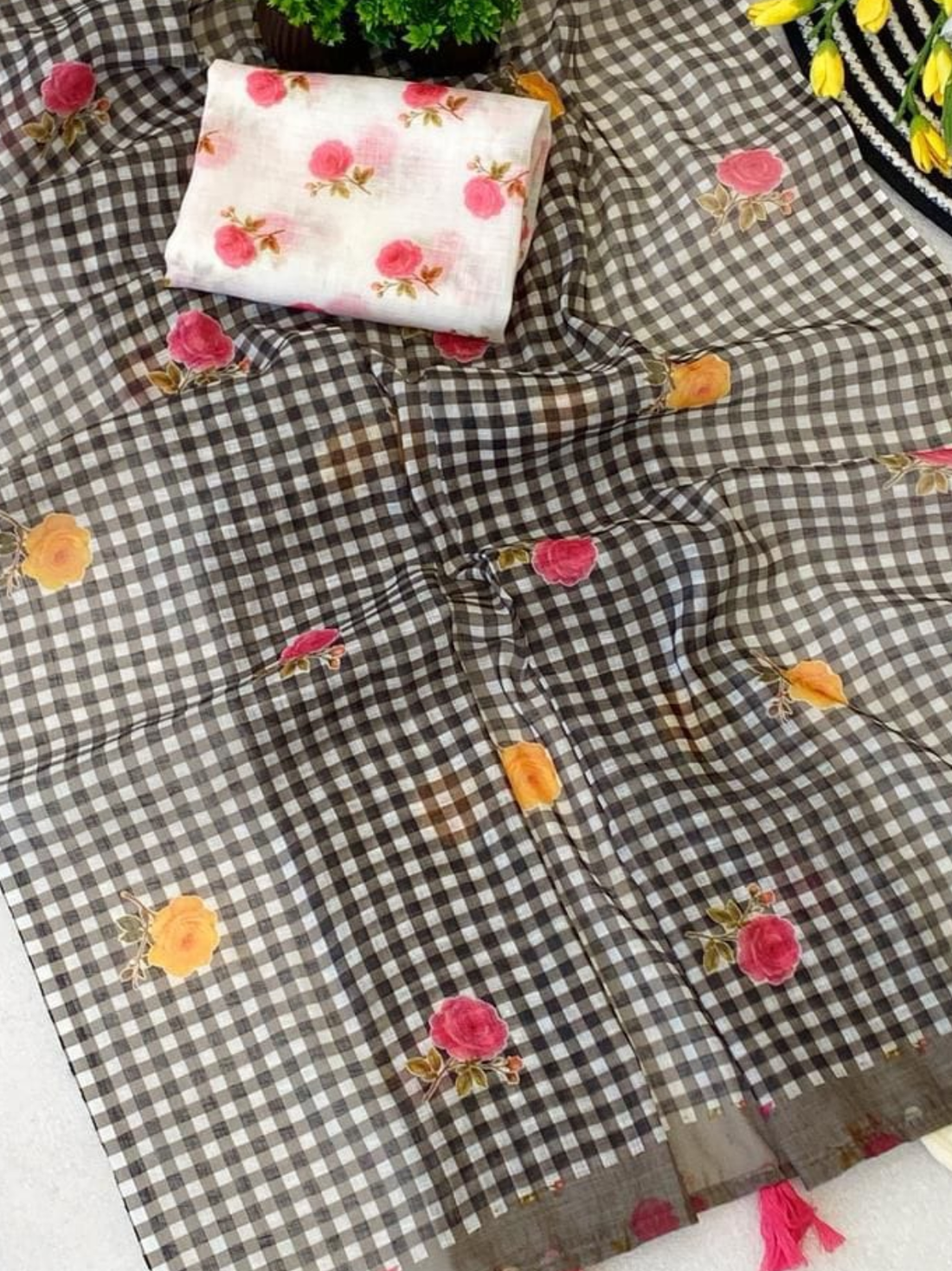 Classic Brown Check Saree with Floral Design