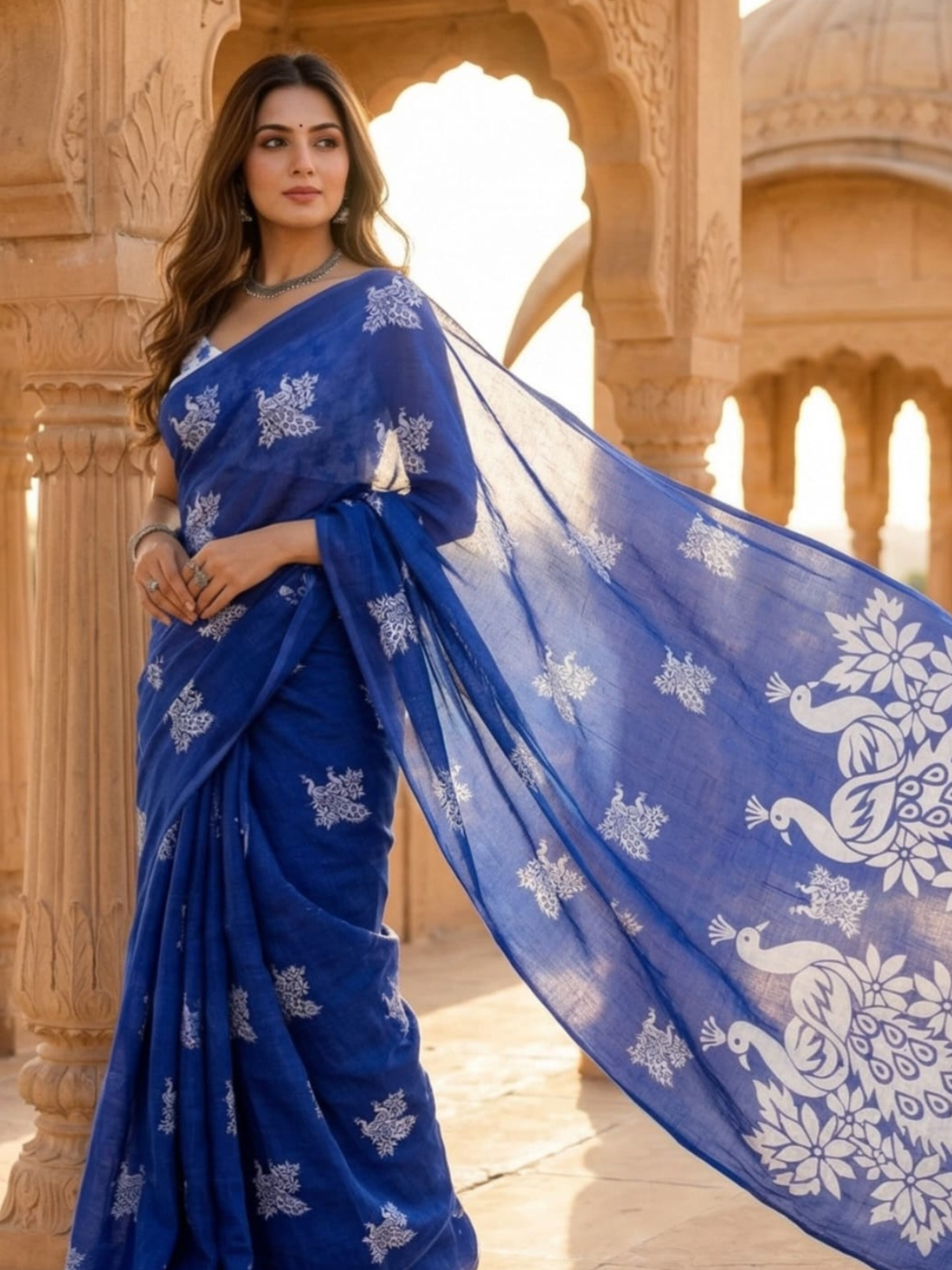 Royal Blue Organza Saree with Peacock Design