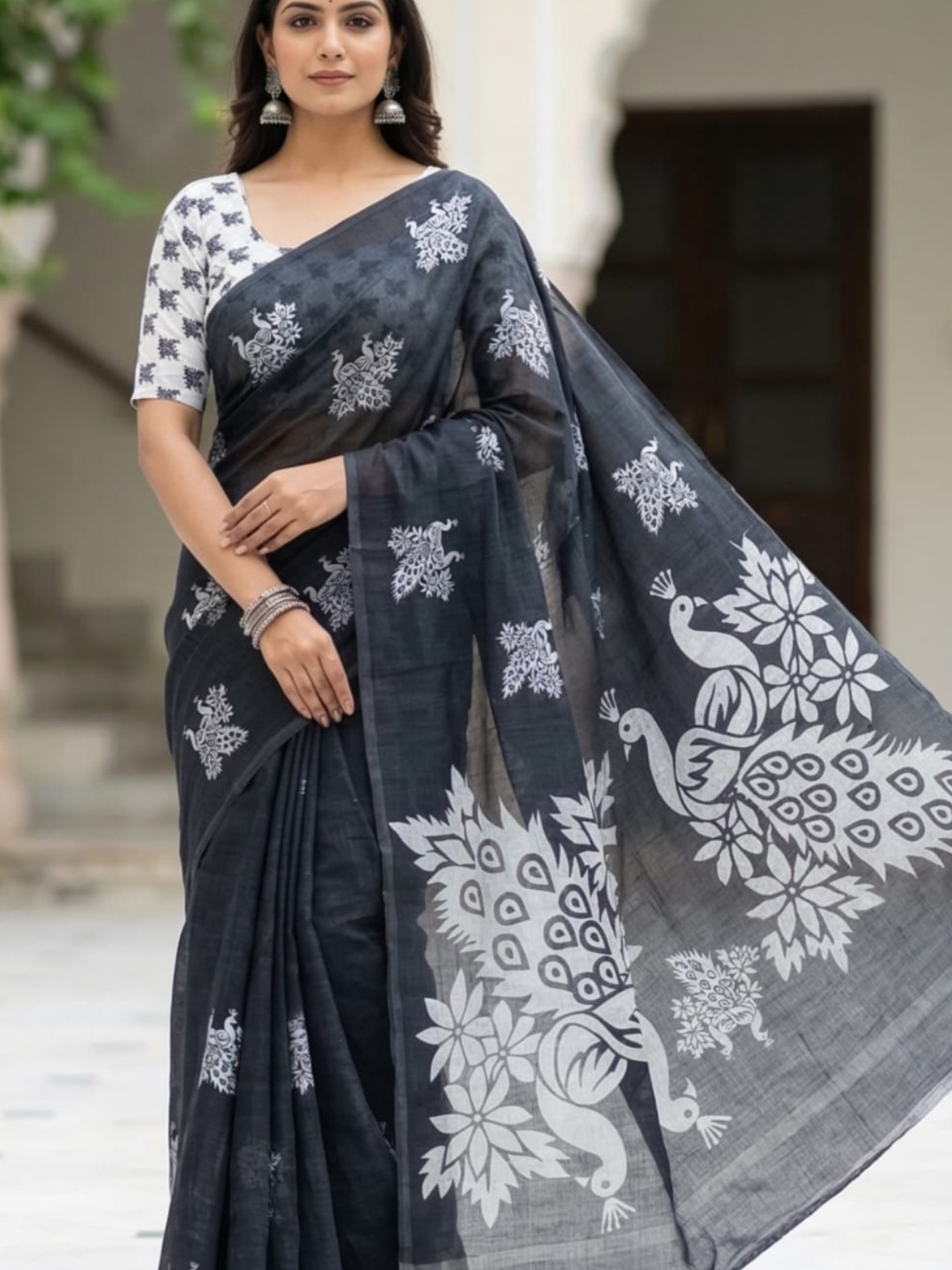 Charcoal Black Saree with Peacock Print