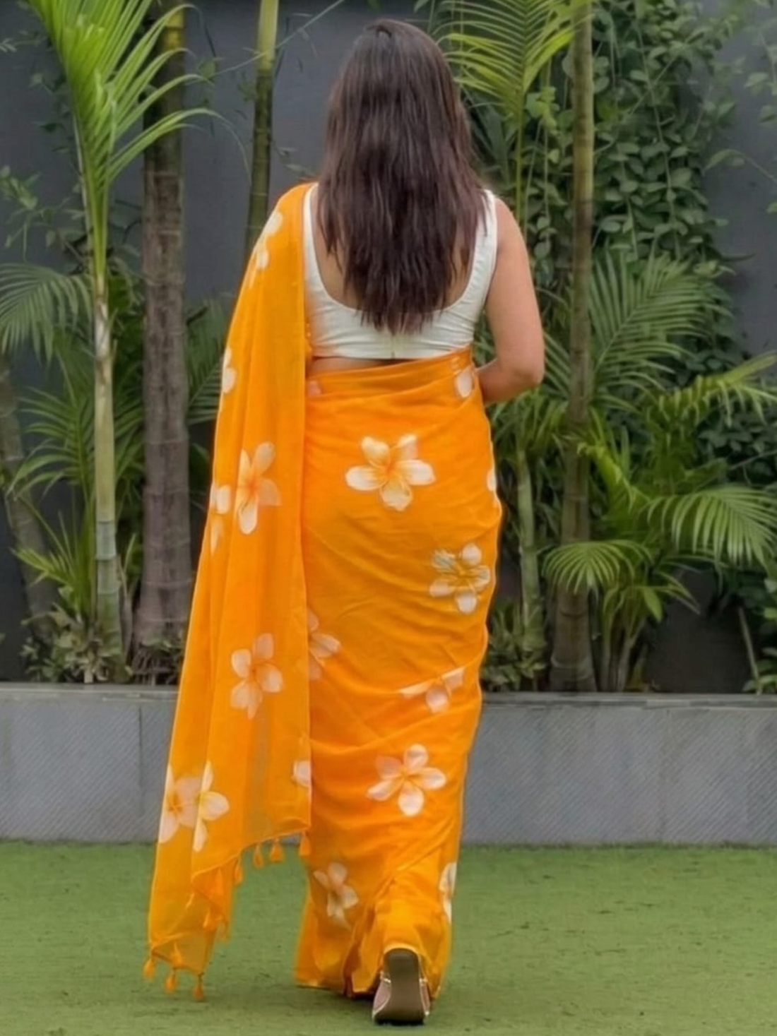 Vibrant Orange Floral Saree