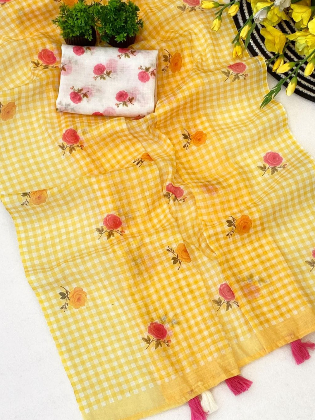 Sunny Yellow Check Print Saree with Floral Motifs