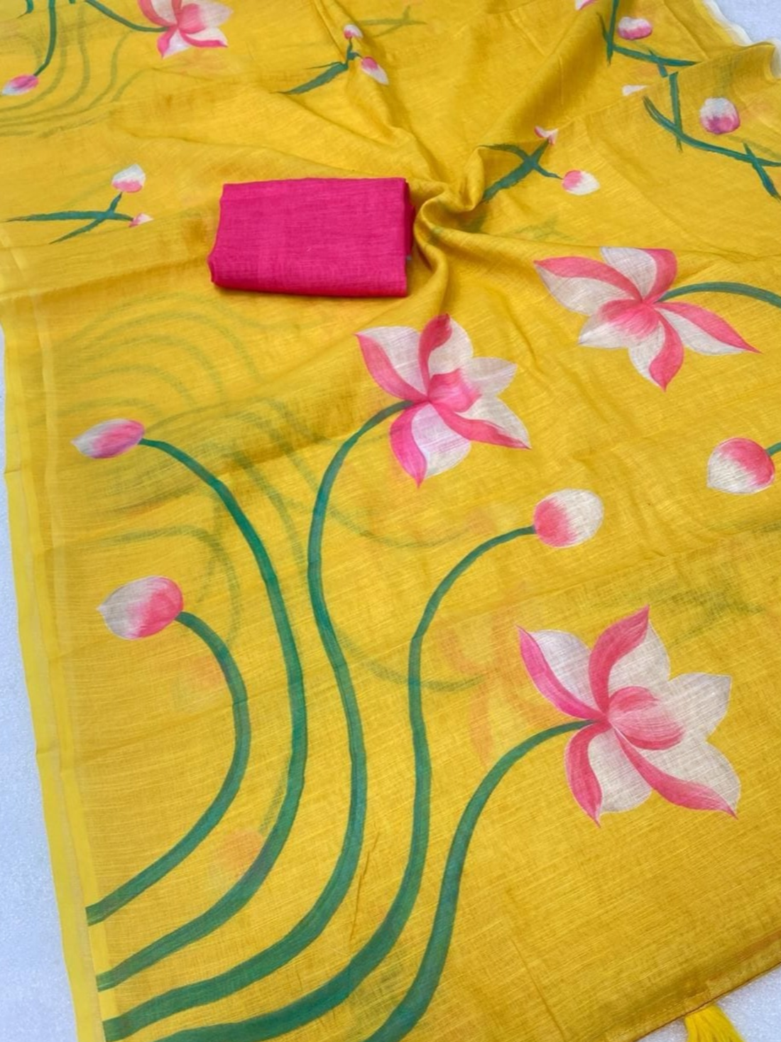 Bright Yellow Lotus Printed Saree with Tassels