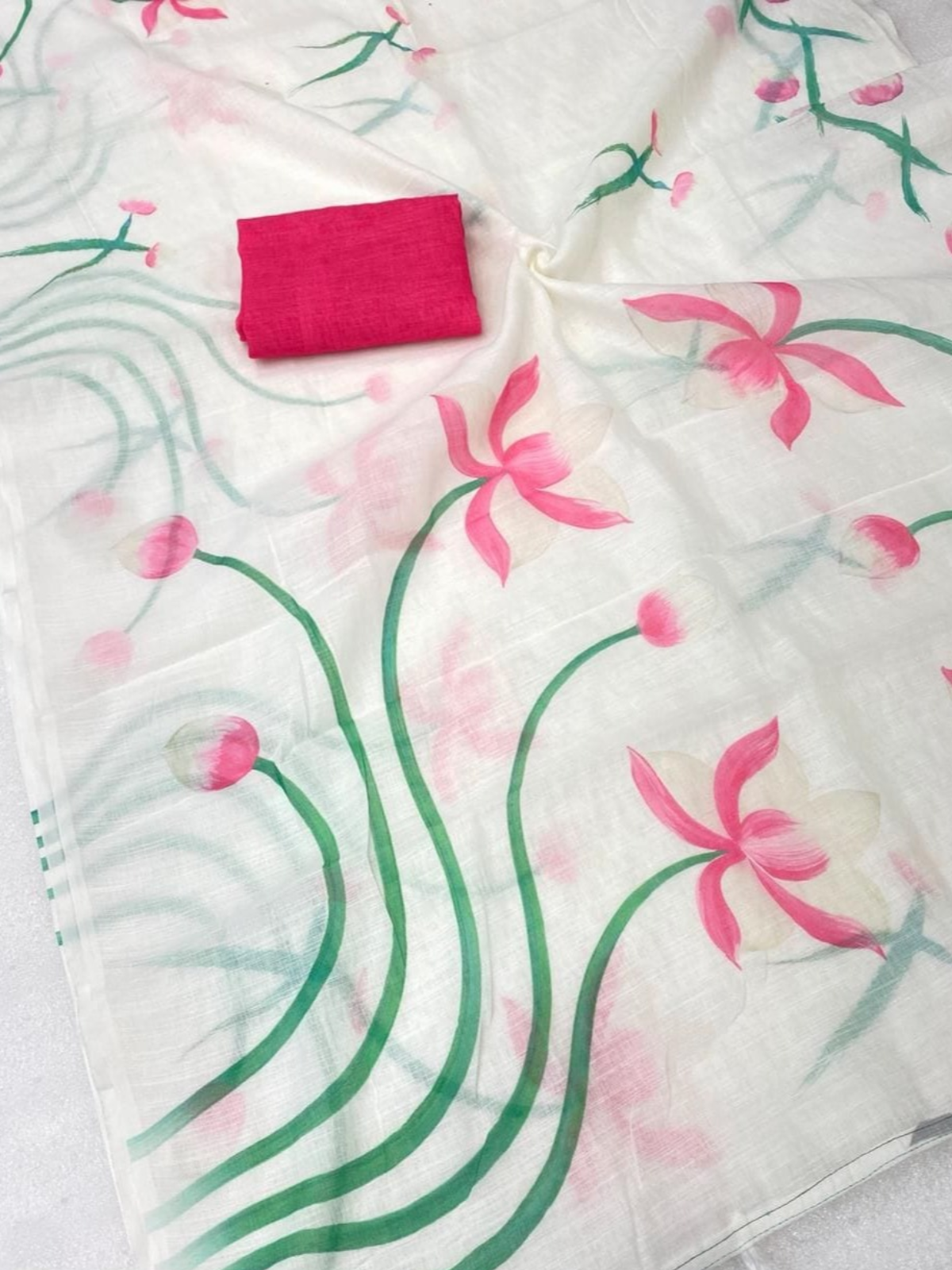 Graceful White Lotus Printed Saree with Tassel Border