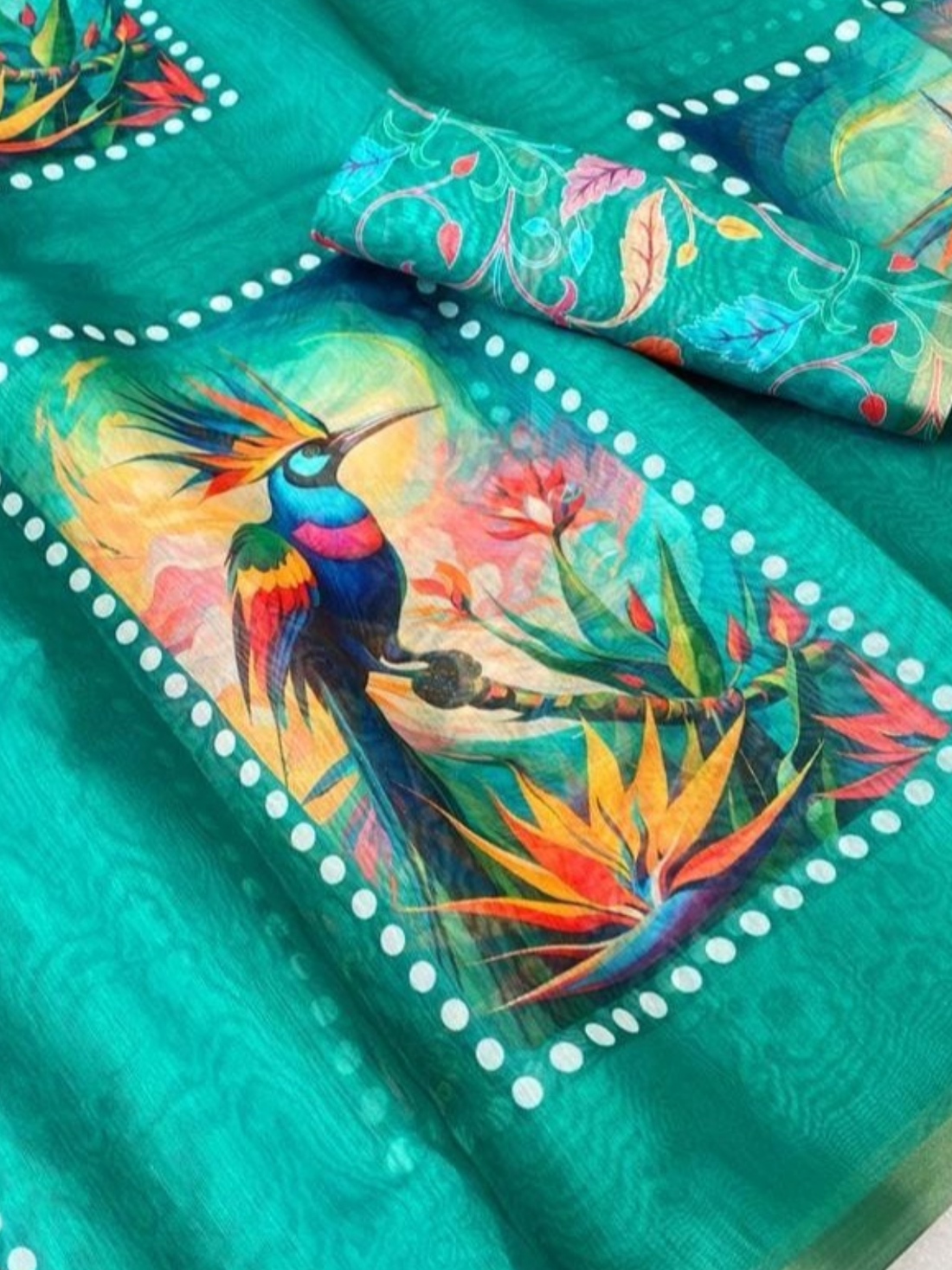 Graceful Green Linen Saree with Bird Motif Print