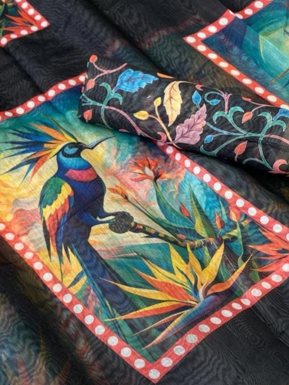 Stylish Black Linen Saree with Bird Print