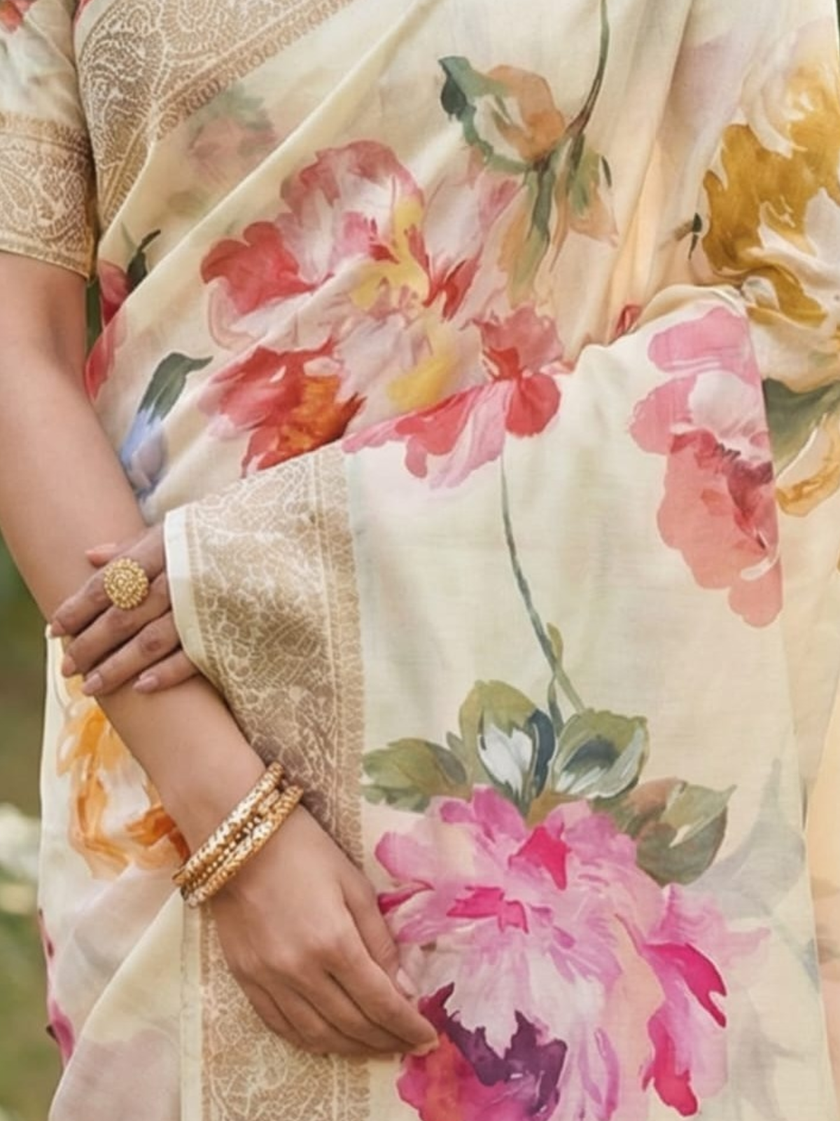 Pastel Floral Cream Saree with Golden Border