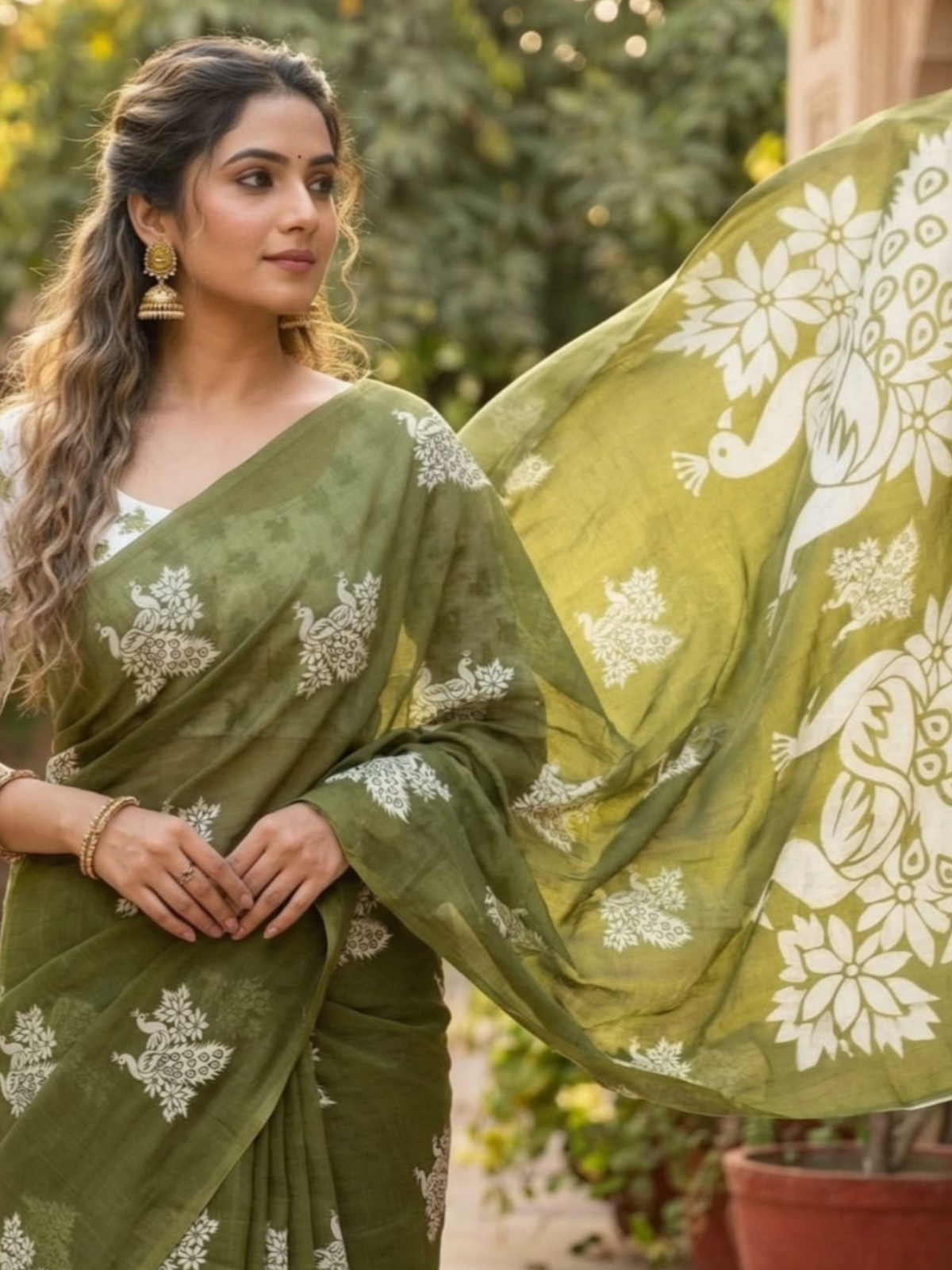 Olive Green Designer Saree with Peacock Print