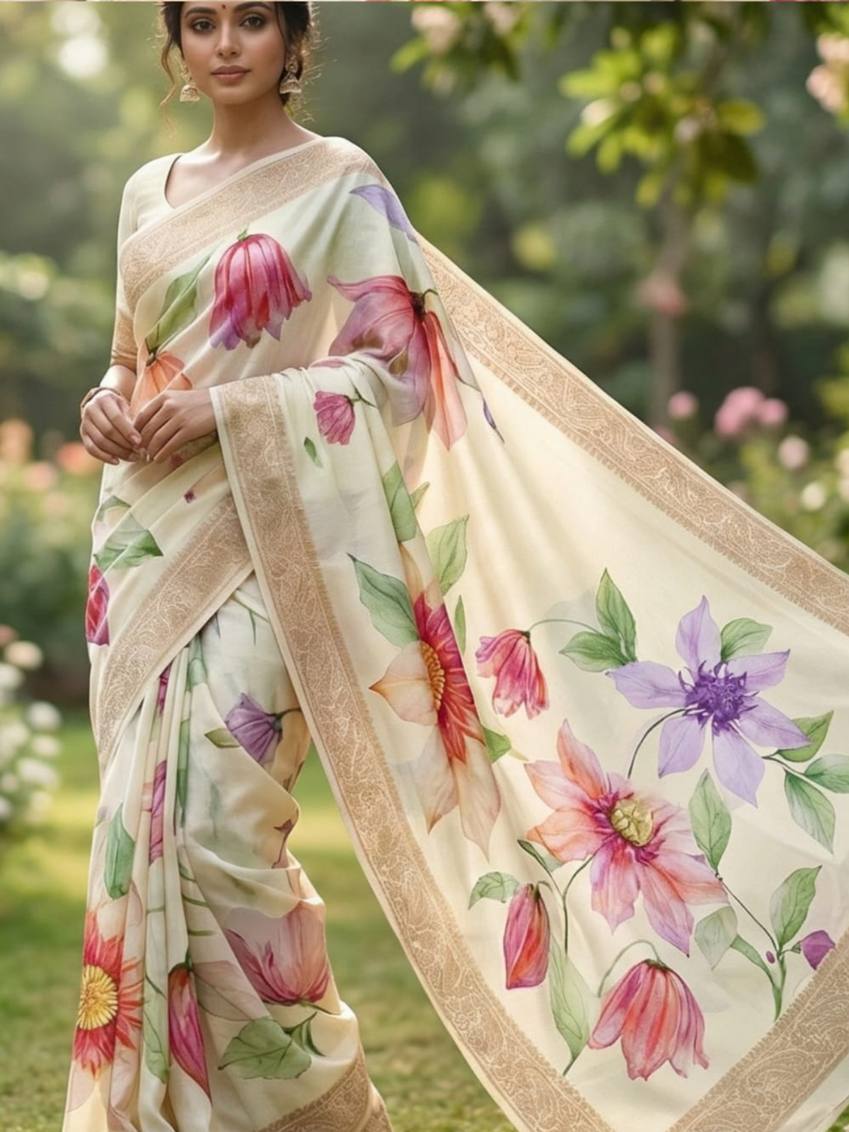 Designer Cream Multicolor Floral Saree