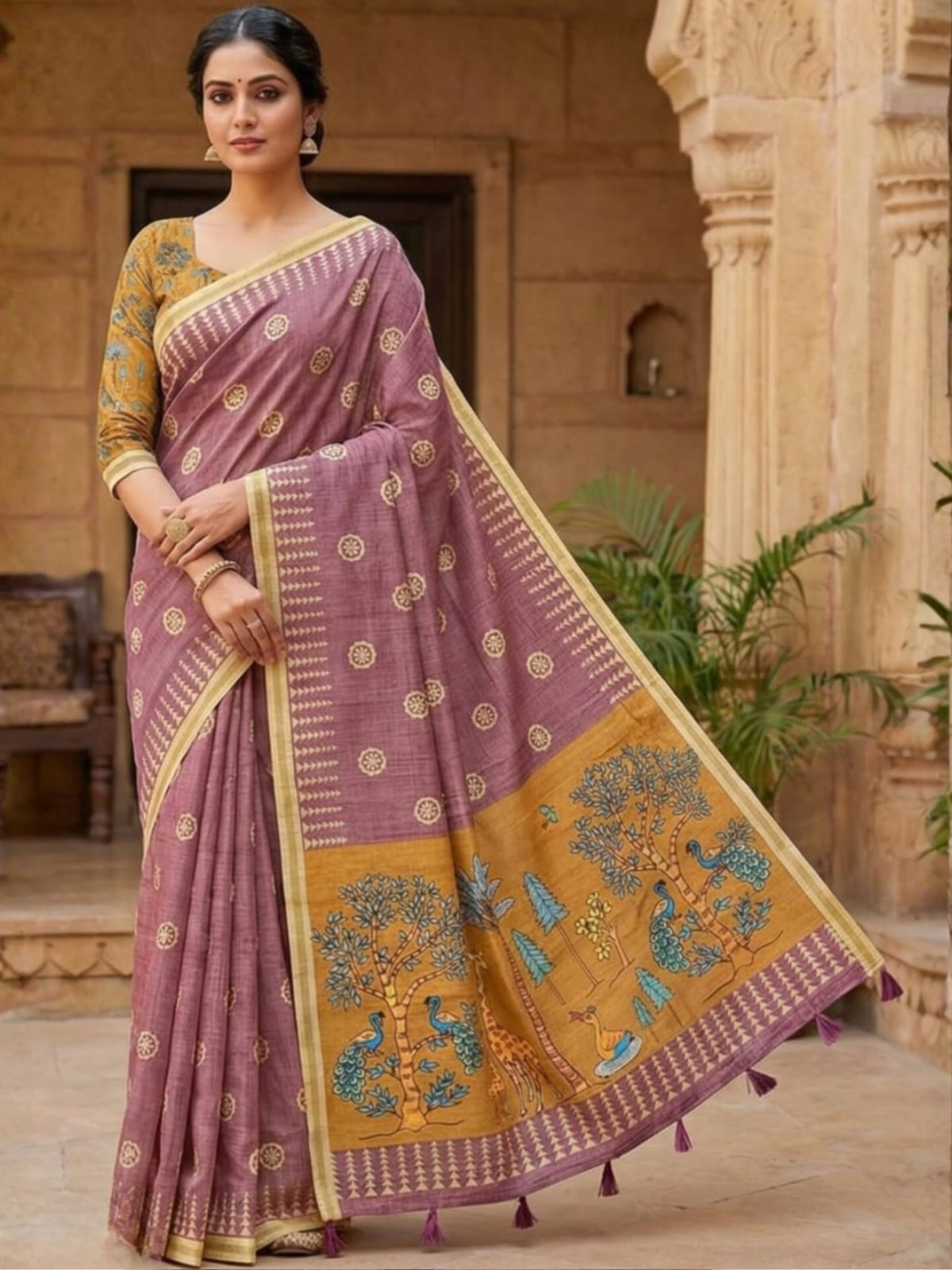 Elegant Mauve Printed Saree with Traditional Animal Pallu