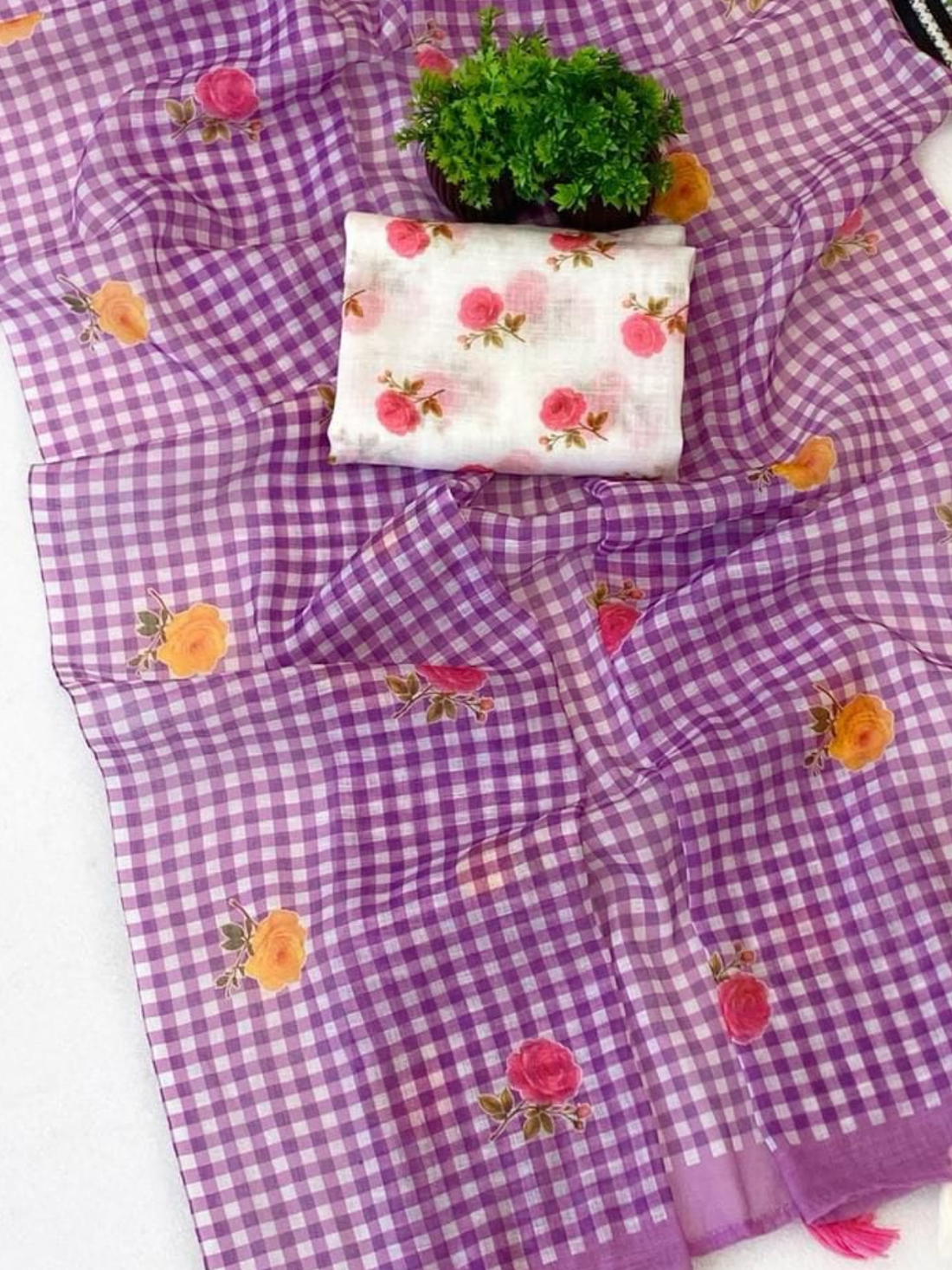 Elegant Purple Check Saree with Floral Print