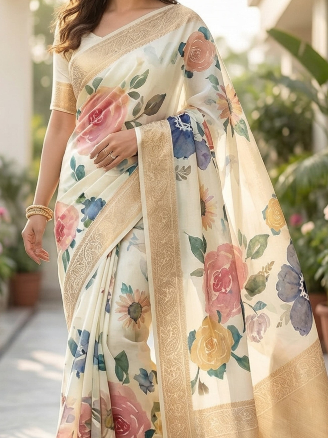 Vintage Style Cream Floral Saree with Golden Border