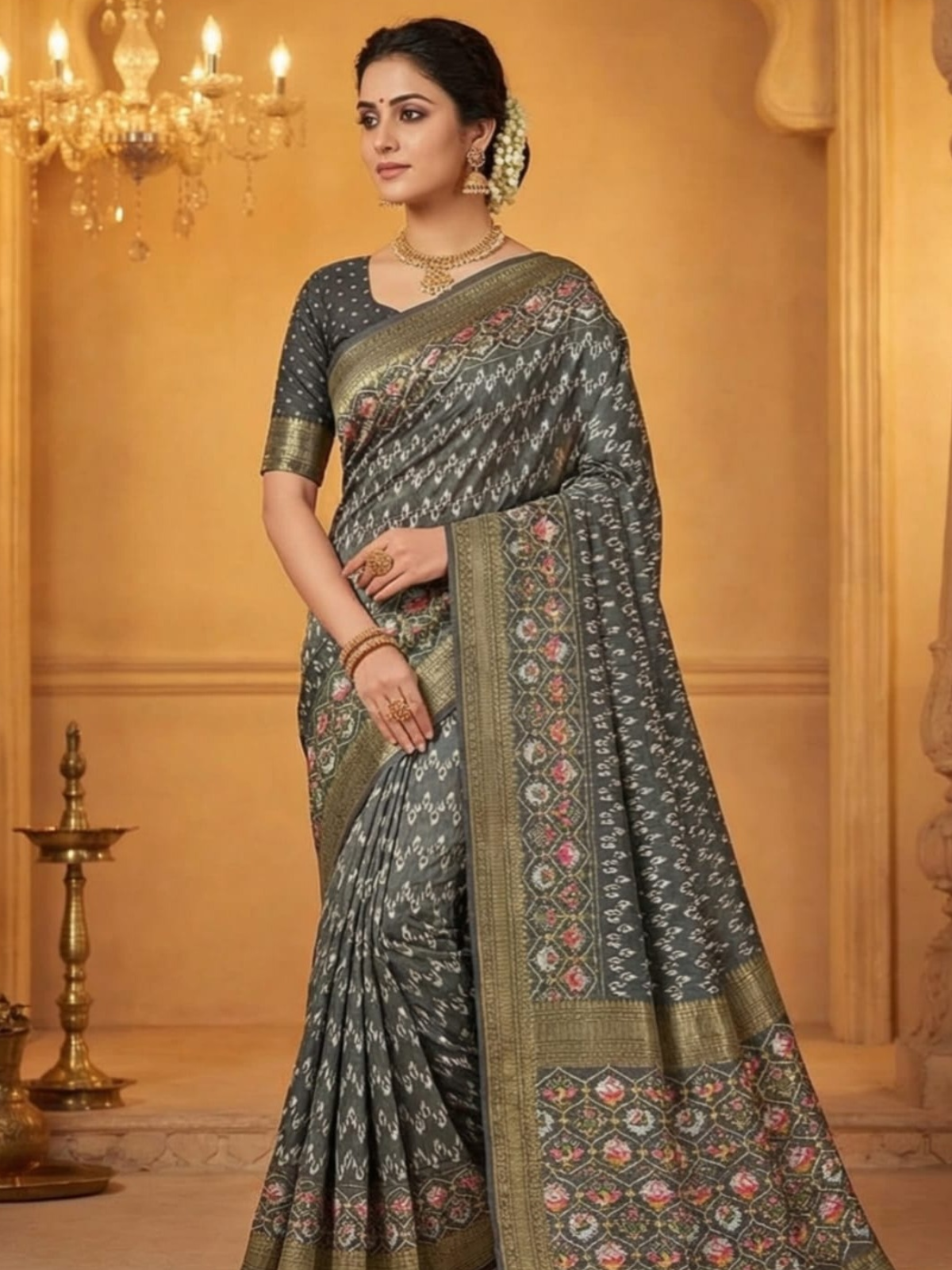 Designer Dark Grey Silk Saree with Traditional Weaving