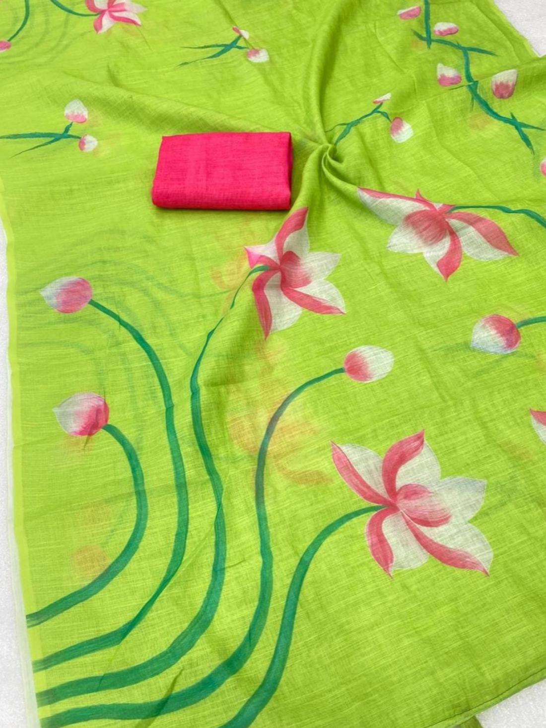 Elegant Green Lotus Printed Saree with Tassel Border