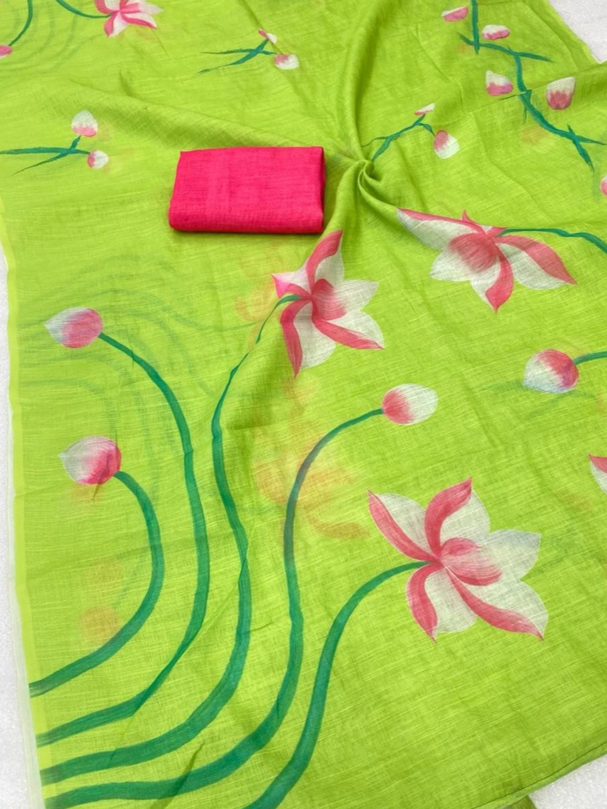 Elegant Green Lotus Printed Saree with Tassel Border
