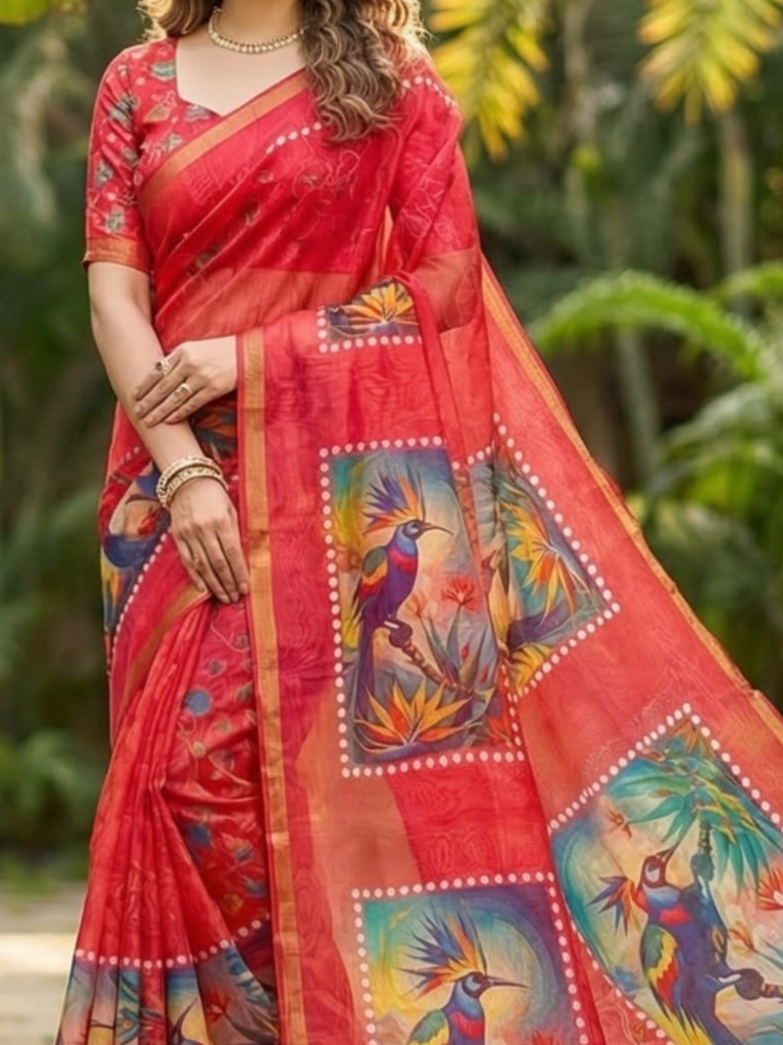 Bold Red Linen Saree with Artistic Bird Print