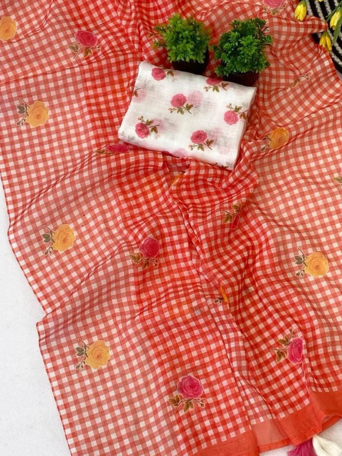 Vibrant Orange Check Saree with Floral Print
