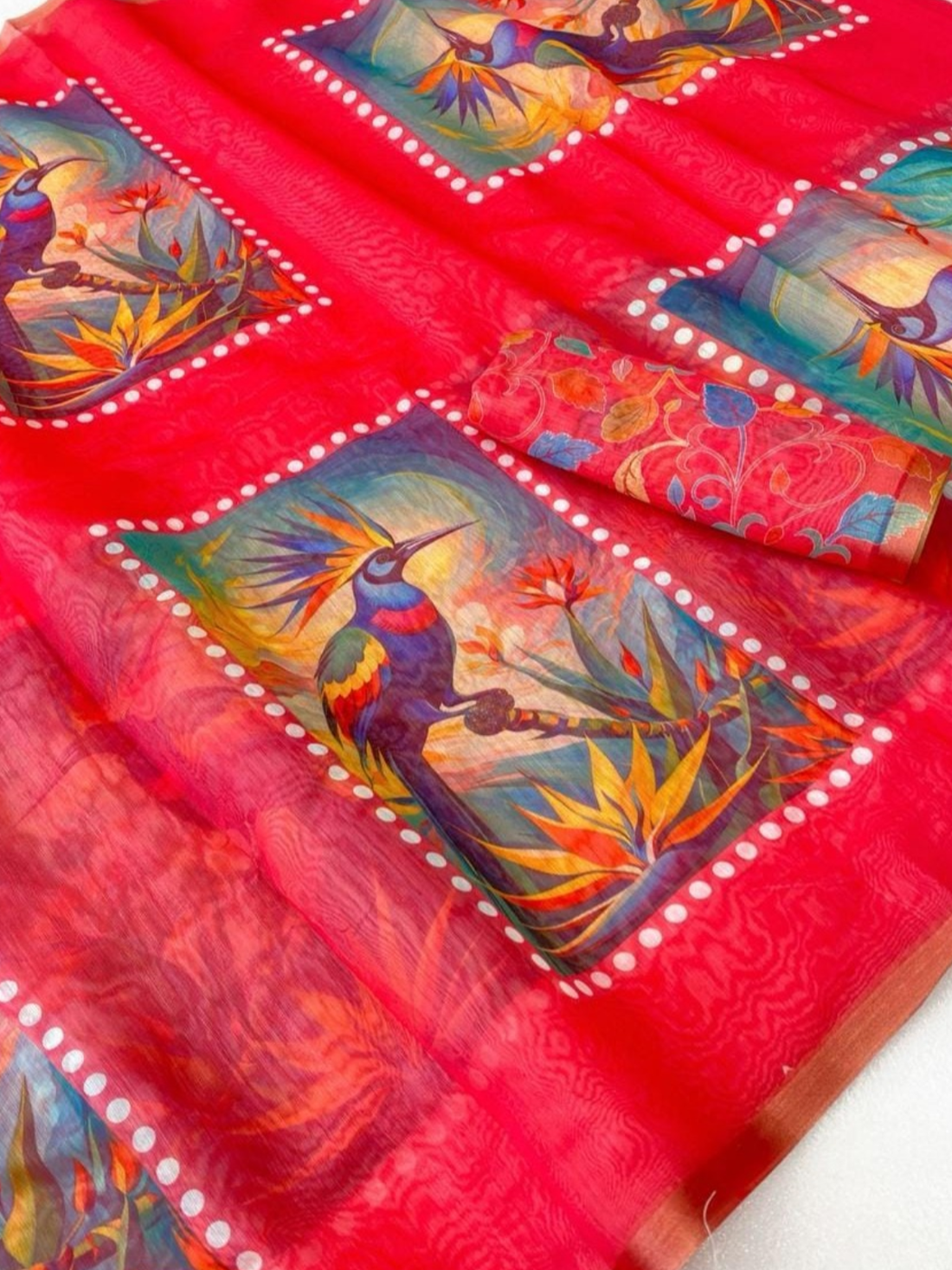 Vibrant Orange Linen Saree with Bird Print