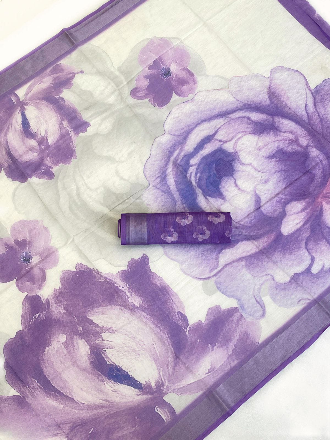 Lavender Bloom Designer Organza Saree with Floral Print & Matching Blouse