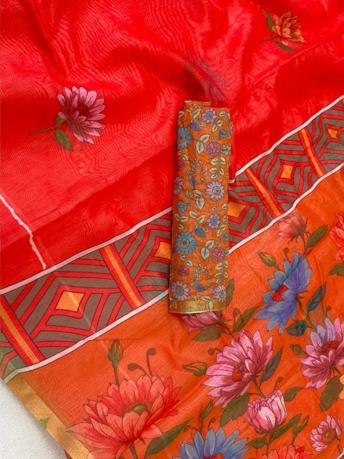 Orange Linen Saree with Soft Floral Design