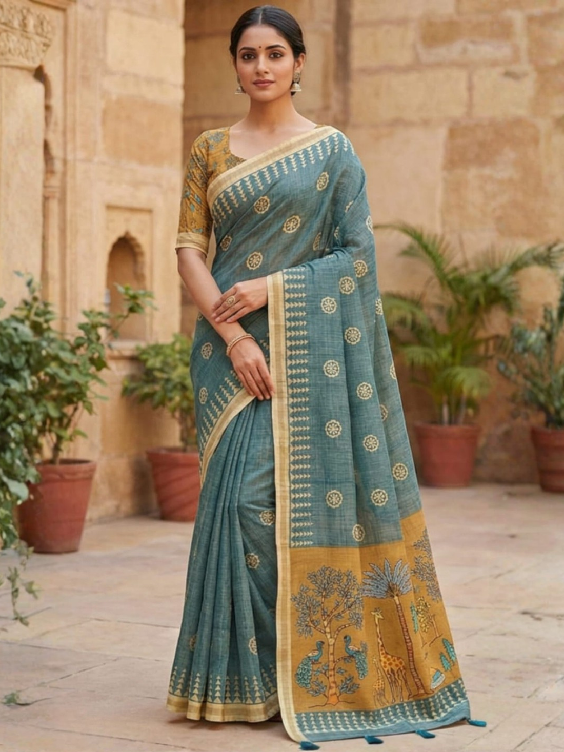 Trendy Teal Blue Ethnic Saree with Traditional Animal Print Pallu