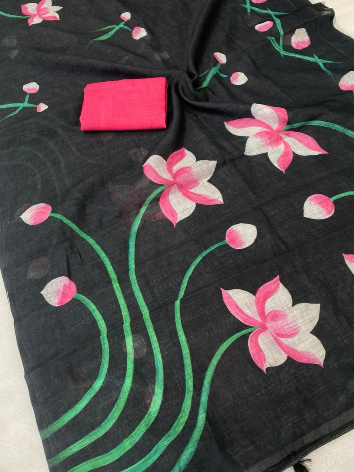 Classic Black Lotus Printed Saree with Tassel Border
