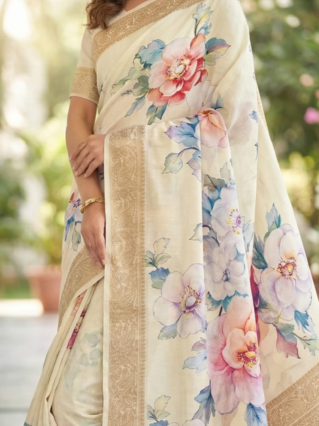 Cream Saree with Blue Floral Print & Gold Border