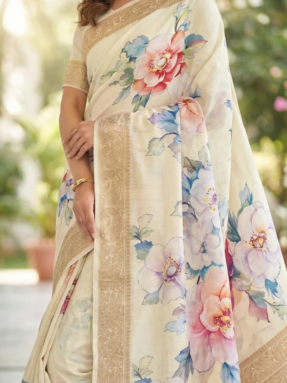 Cream Saree with Blue Floral Print & Gold Border