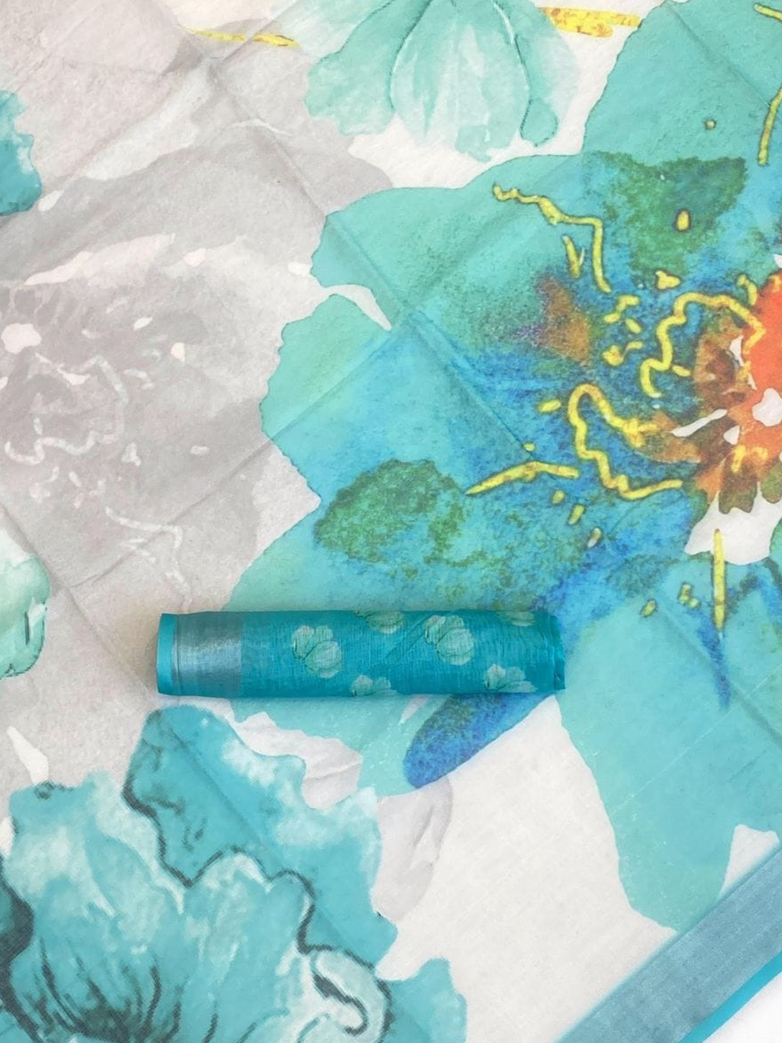 Trendy Aqua Blue Floral Organza Saree with Blouse