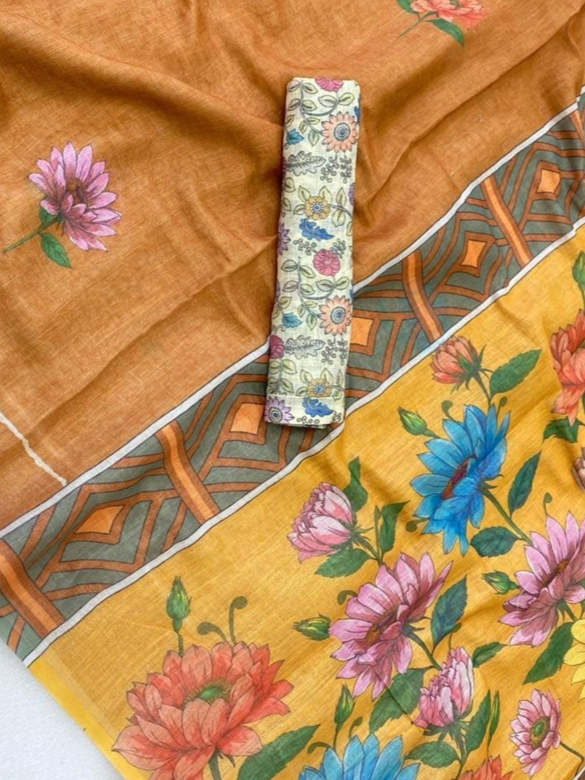 Rust Brown Linen Saree with Floral Print