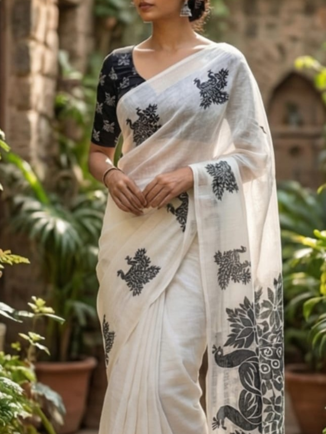 White Saree with Black Peacock Print