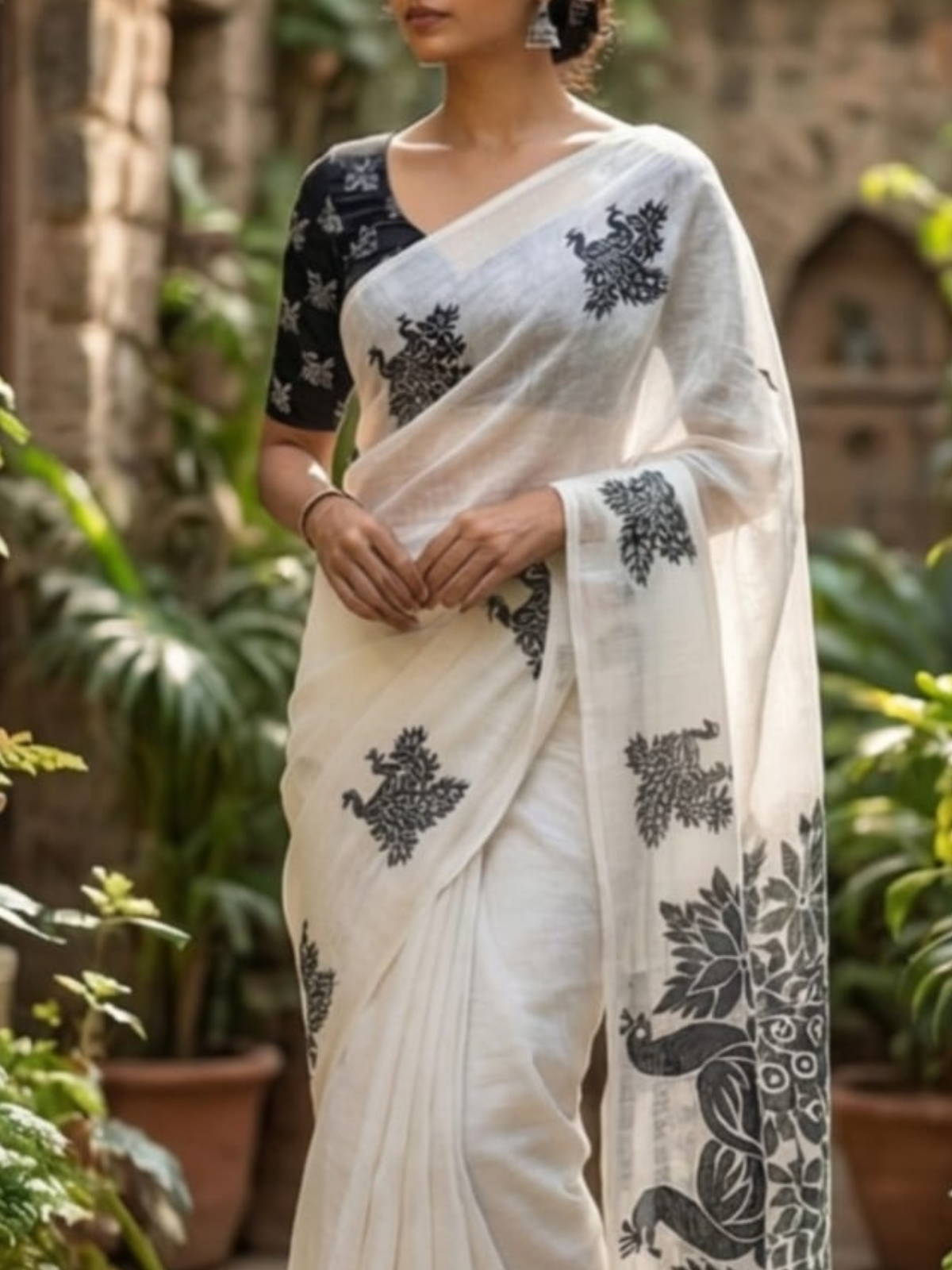White Saree with Black Peacock Print