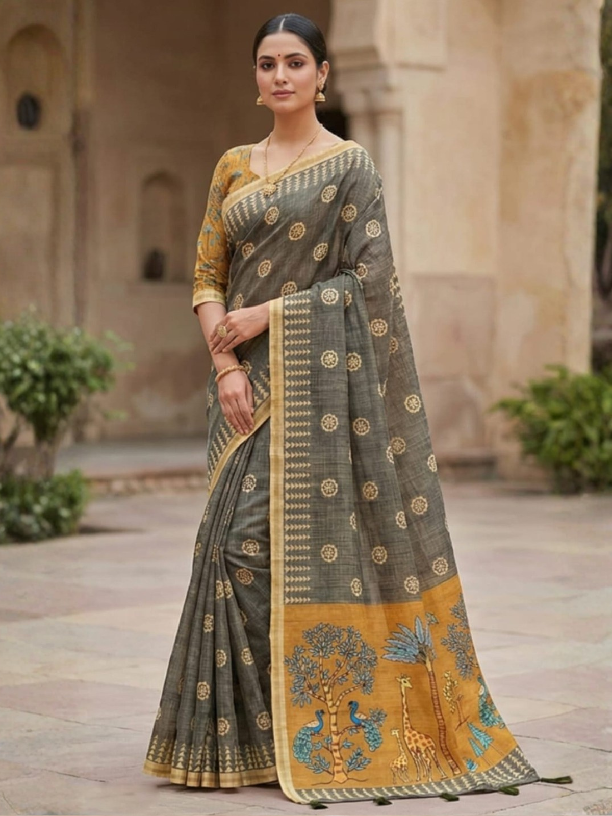 Stylish Grey Printed Saree with Designer Animal Pallu