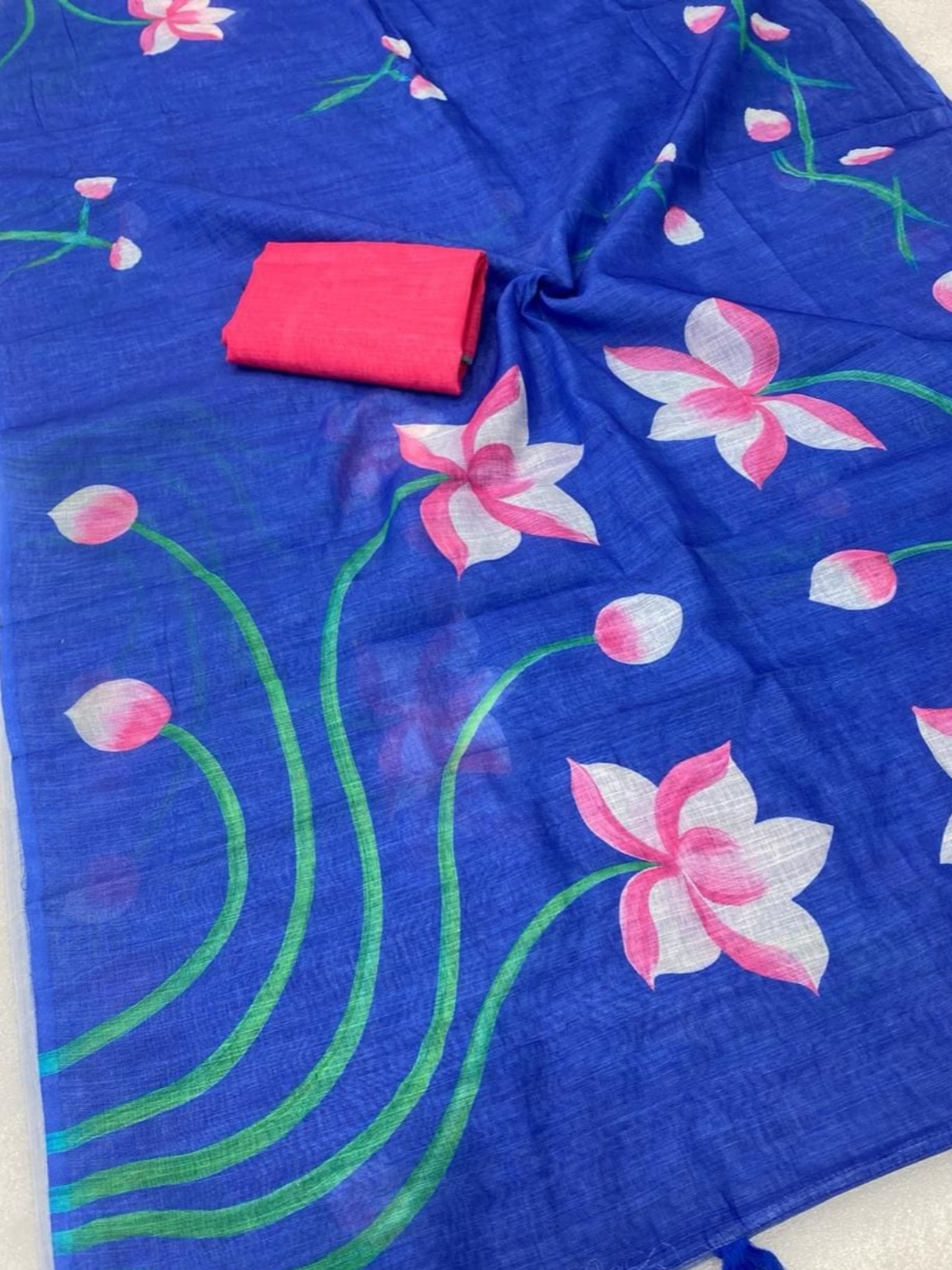 Stylish Blue Lotus Printed Saree with Designer Tassels