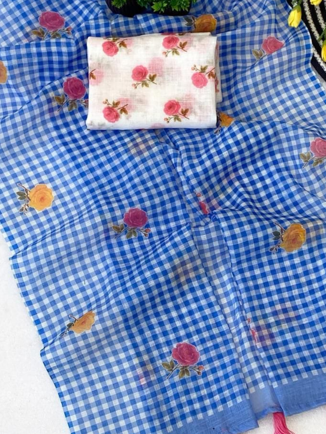 Classic Blue Check Saree with Floral Print