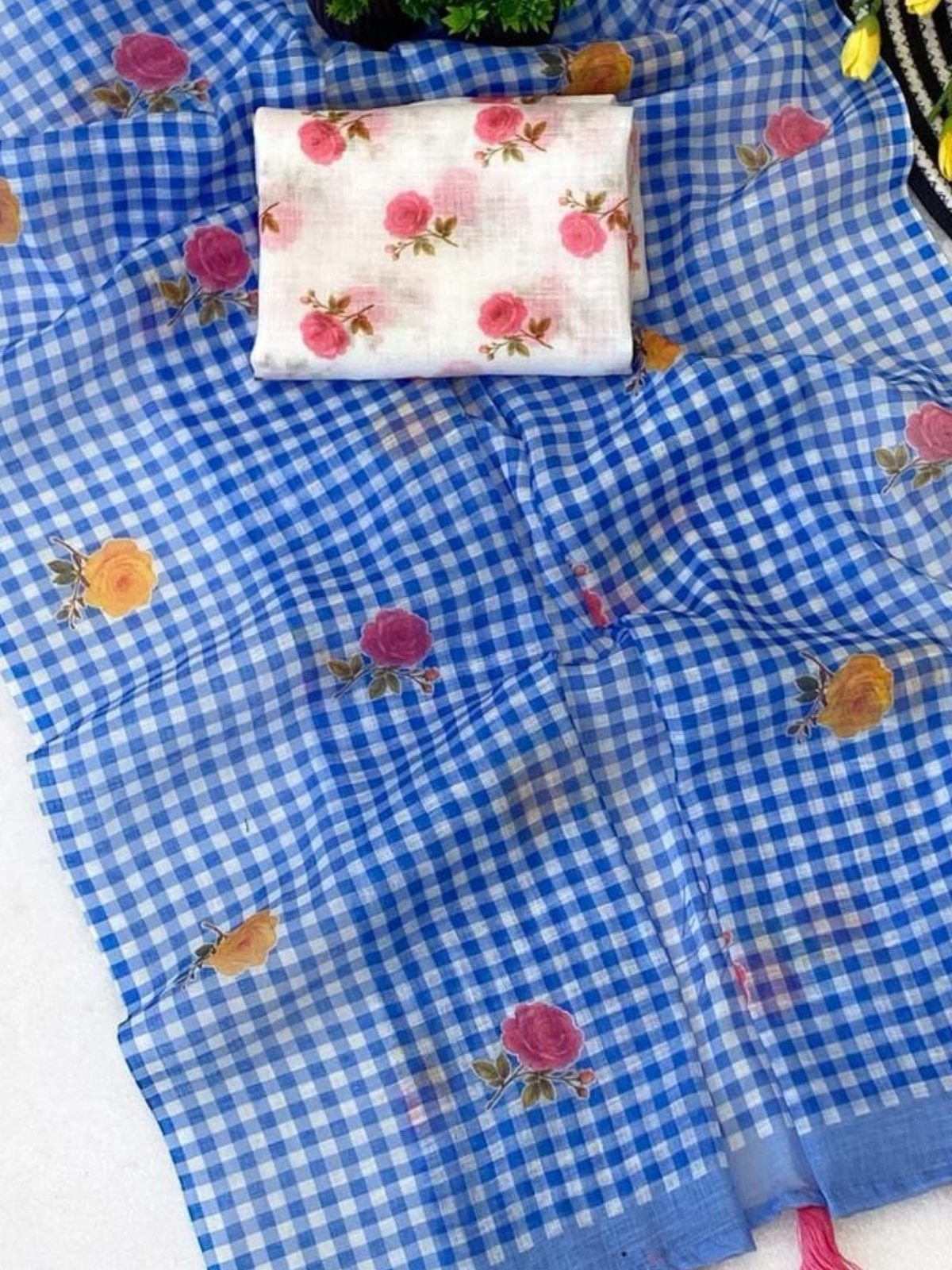 Classic Blue Check Saree with Floral Print