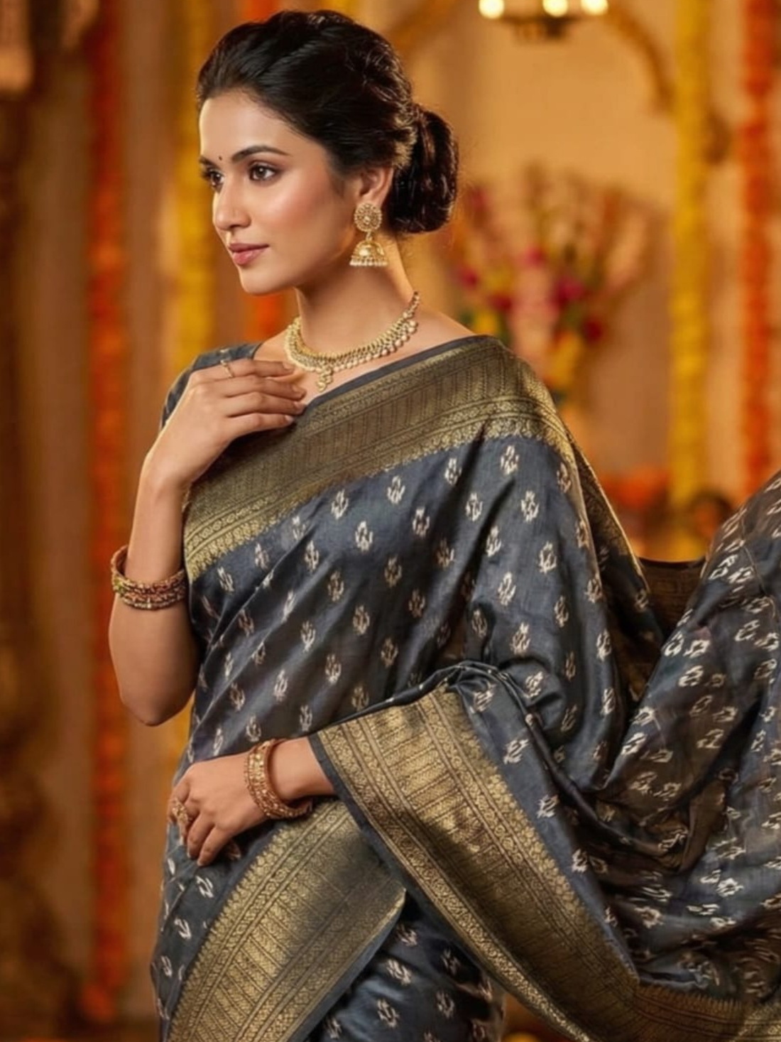 Charcoal Black Silk Saree with Rich Border