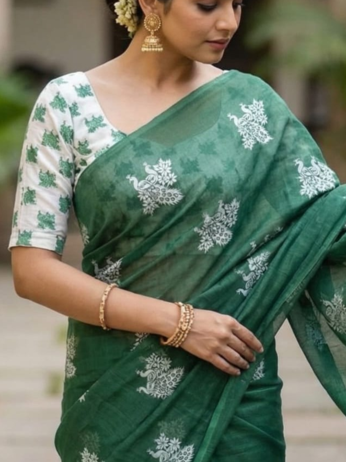 Dark Green Elegant Saree with Peacock Print