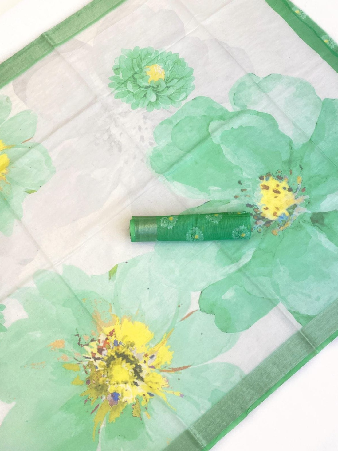 Mint Green Floral Organza Saree with Elegant Printed Design & Blouse