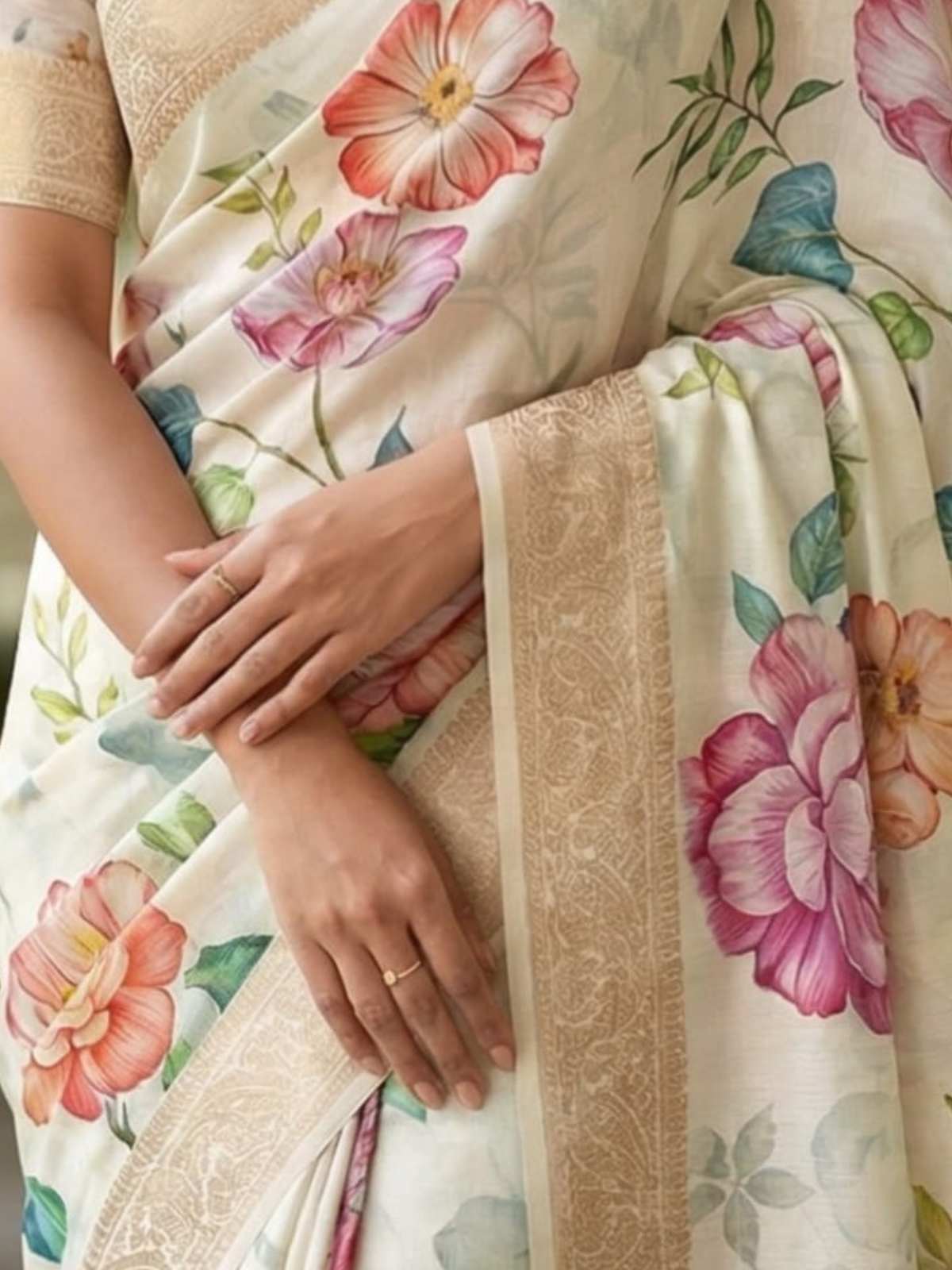 Elegant Cream Floral Printed Saree with Gold Border