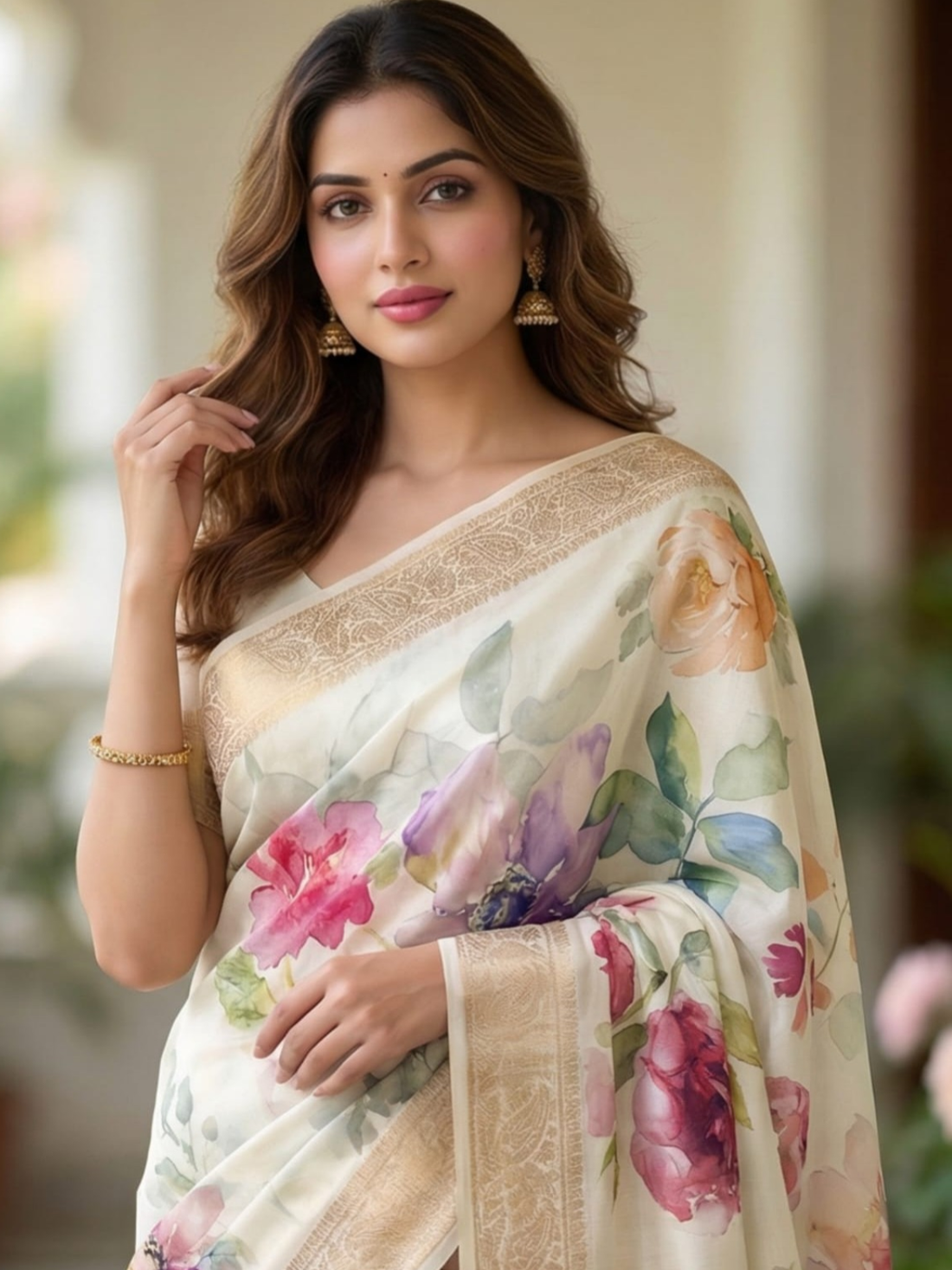 Elegant Garden Floral Cream Saree