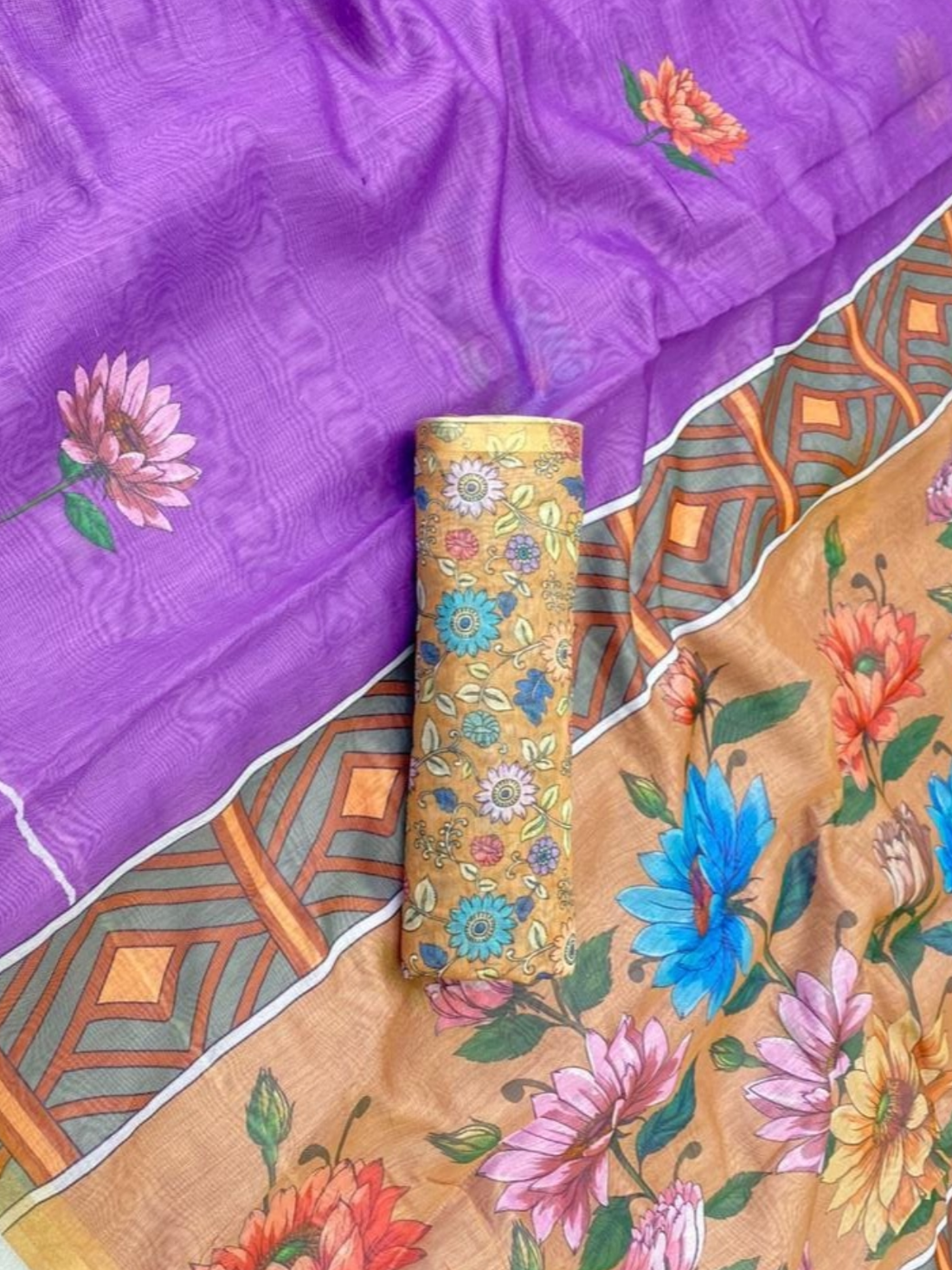 Purple Linen Saree with Black Floral Print