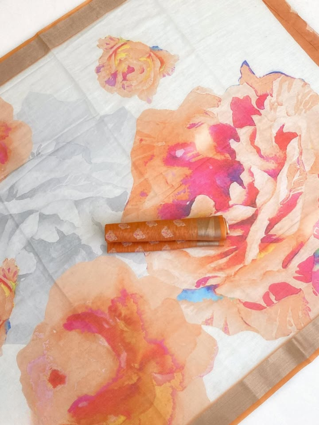 Peach Blossom Floral Organza Saree with Golden Border & Designer Blouse